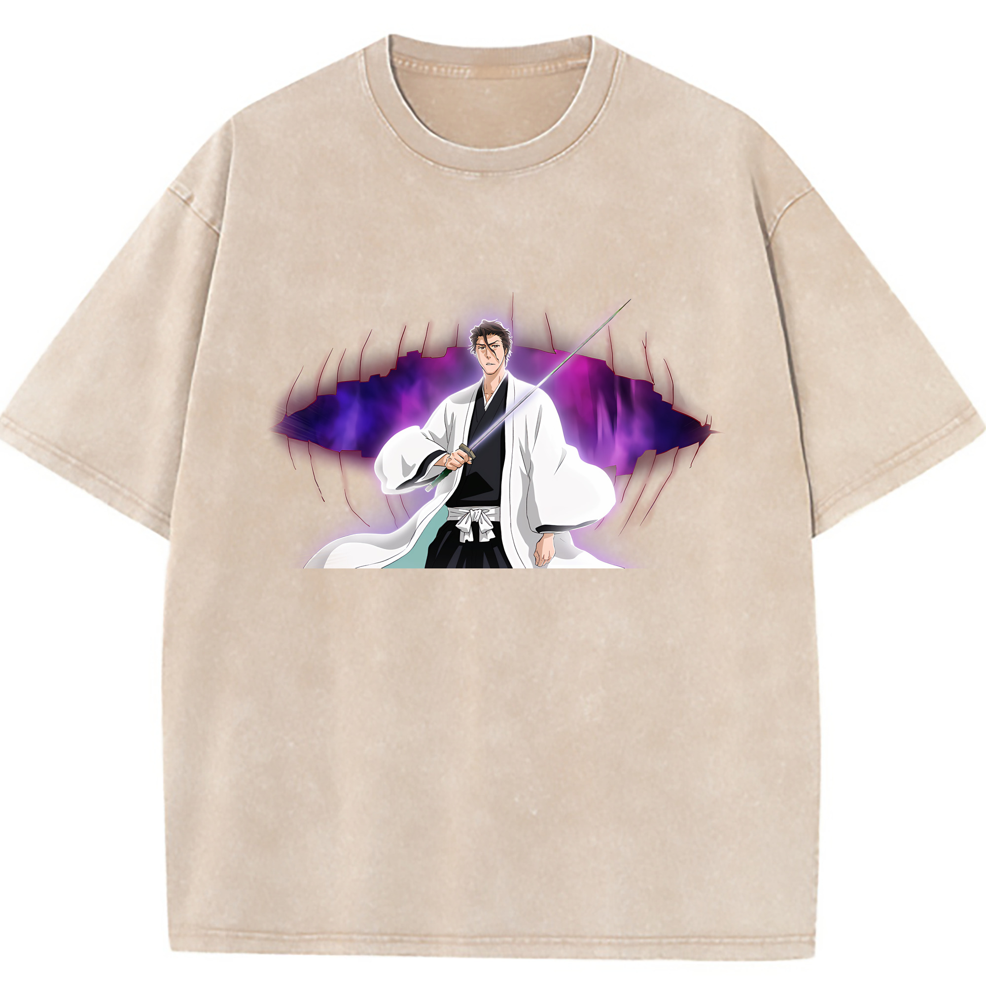 （画像用） ブリーチ 藍染 惣右介（あいぜん そうすけ） BLEACH Aizen Sousuke 綿100% ヴィンテージ風 半袖Tシャツ（フロントプリント）