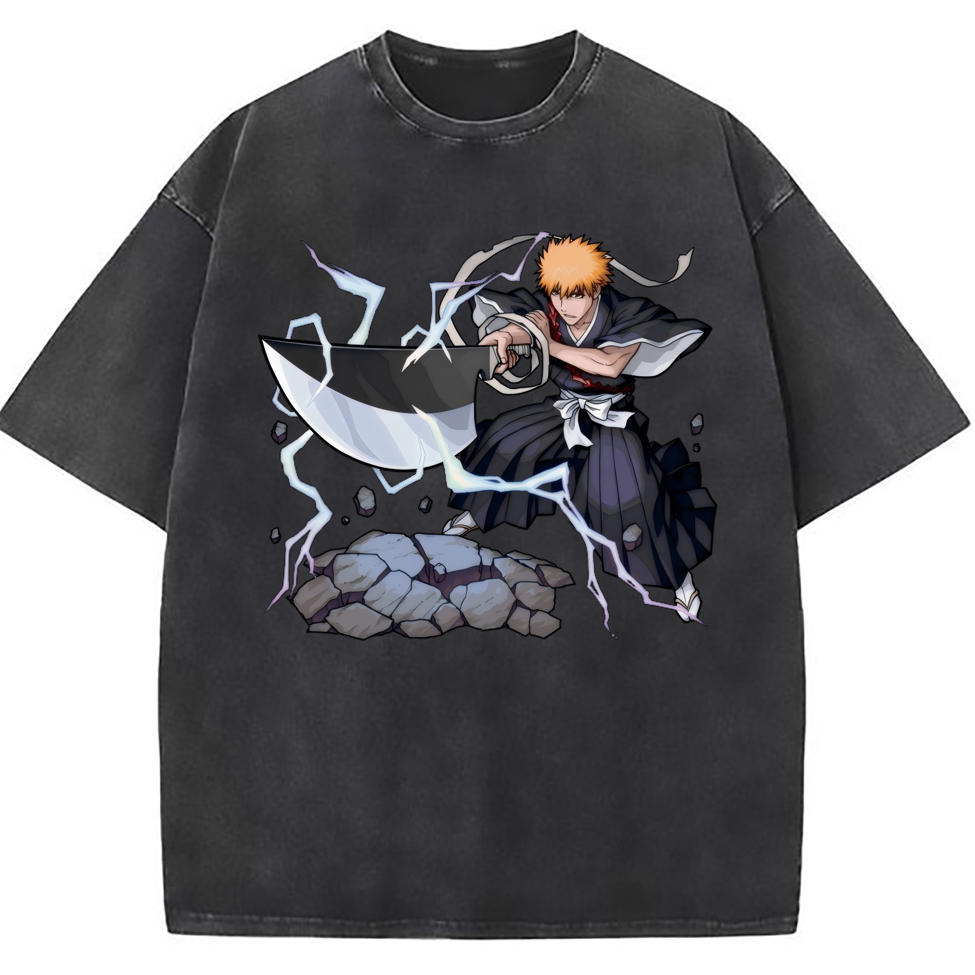 （画像用） ブリーチ 黒崎一護（くろさき いちご）BLEACH Kurosaki Ichigo 綿100% ヴィンテージ風 半袖Tシャツ（フロントプリント）