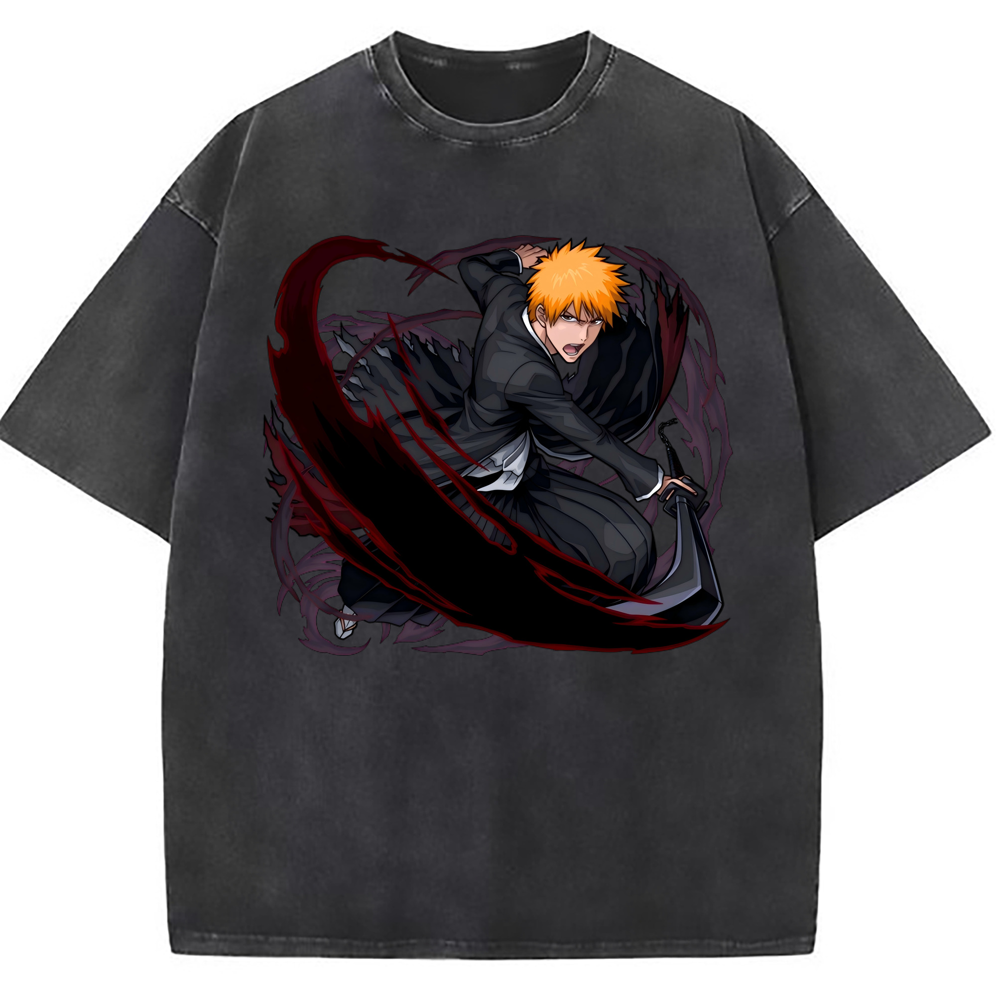 （画像用） ブリーチ 黒崎一護（くろさき いちご）BLEACH Kurosaki Ichigo 綿100% ヴィンテージ風 半袖Tシャツ（フロントプリント）