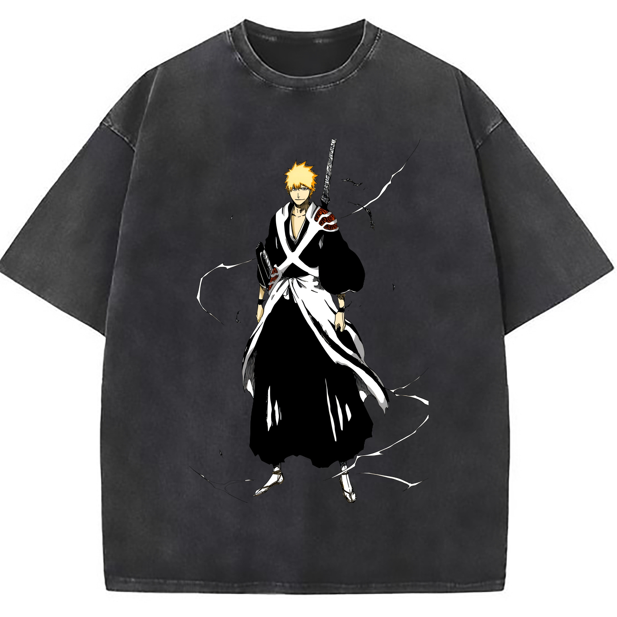 （画像用） ブリーチ 黒崎一護（くろさき いちご）BLEACH Kurosaki Ichigo 綿100% ヴィンテージ風 半袖Tシャツ（フロントプリント）