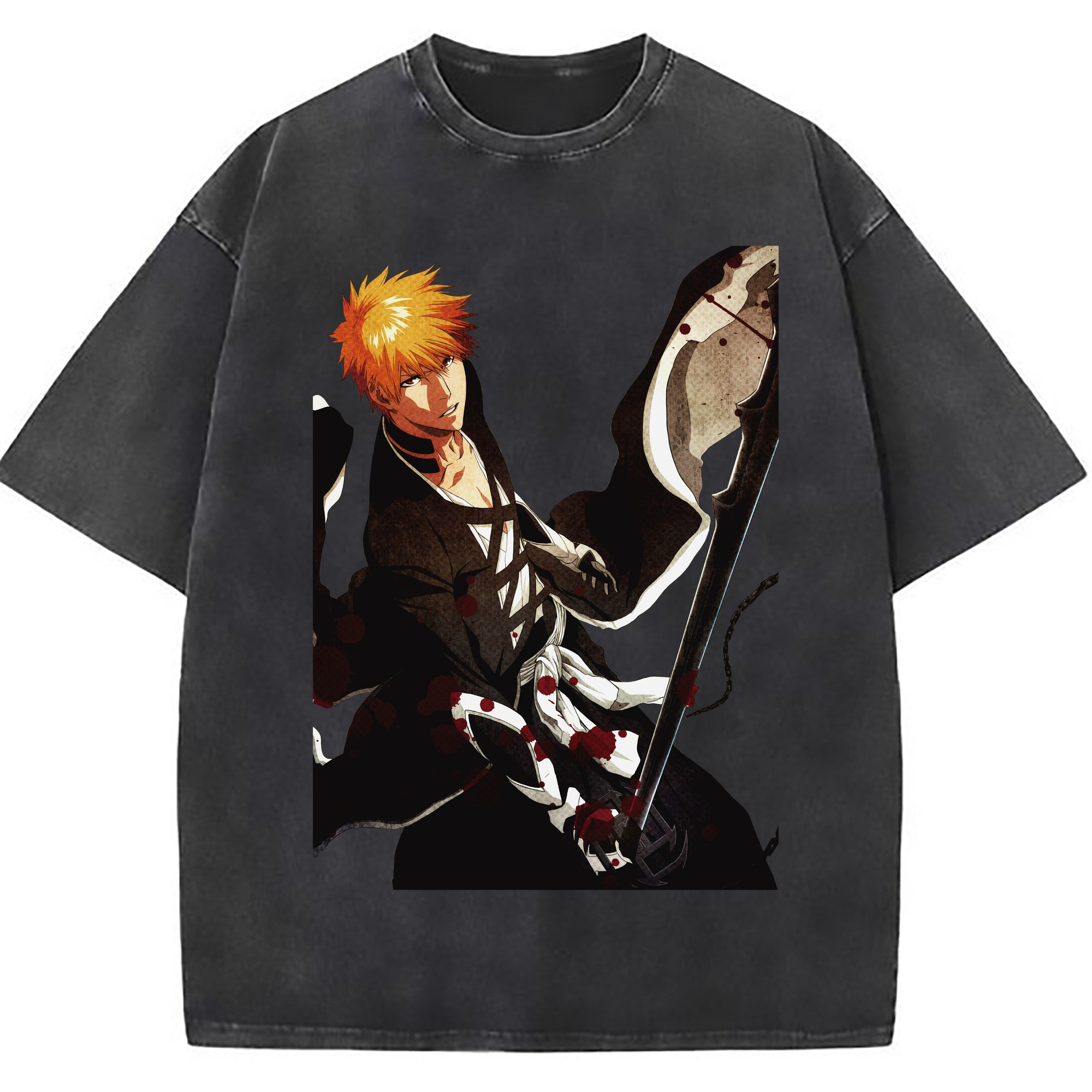 （画像用） ブリーチ 黒崎一護（くろさき いちご）BLEACH Kurosaki Ichigo 綿100% ヴィンテージ風 半袖Tシャツ（フロントプリント）