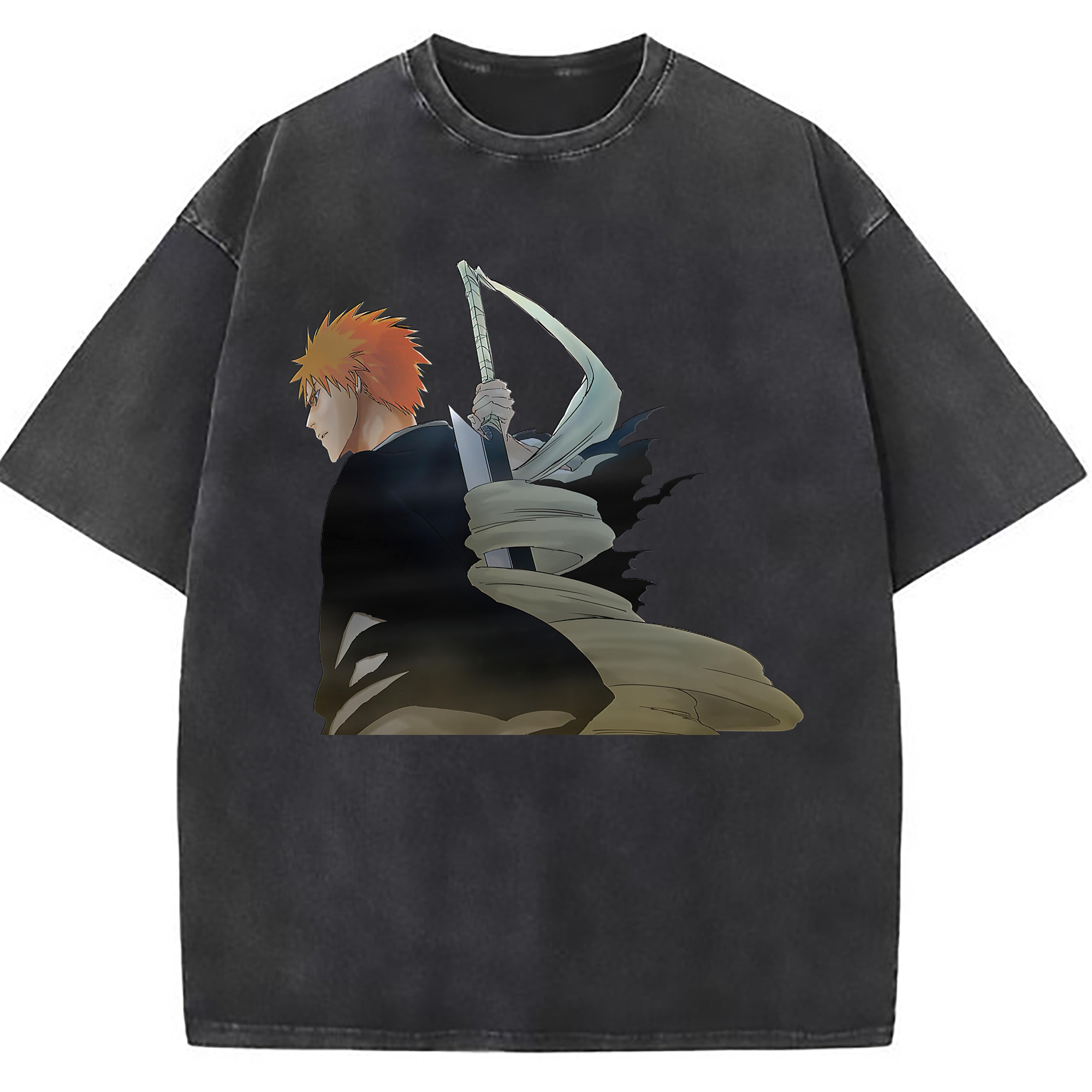 （画像用） ブリーチ 黒崎一護（くろさき いちご）BLEACH Kurosaki Ichigo 綿100% ヴィンテージ風 半袖Tシャツ（フロントプリント）