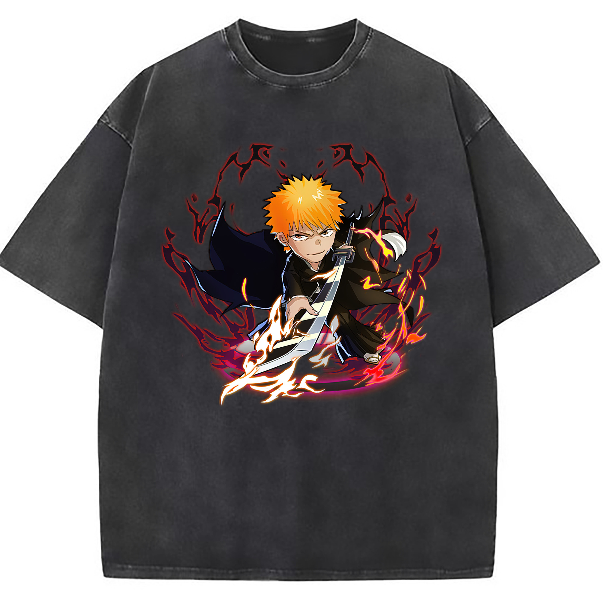 （画像用） ブリーチ 黒崎一護（くろさき いちご）BLEACH Kurosaki Ichigo 綿100% ヴィンテージ風 半袖Tシャツ（フロントプリント）