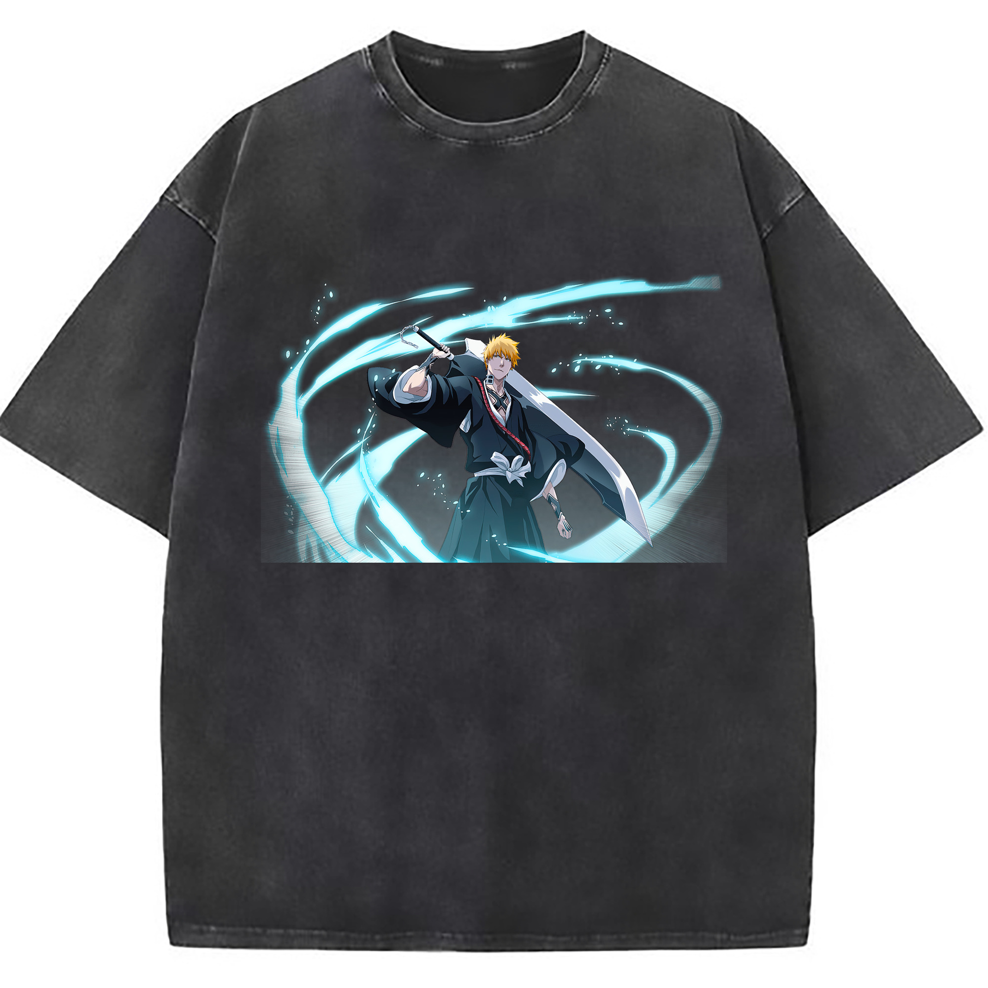 （画像用） ブリーチ 黒崎一護（くろさき いちご）BLEACH Kurosaki Ichigo 綿100% ヴィンテージ風 半袖Tシャツ（フロントプリント）