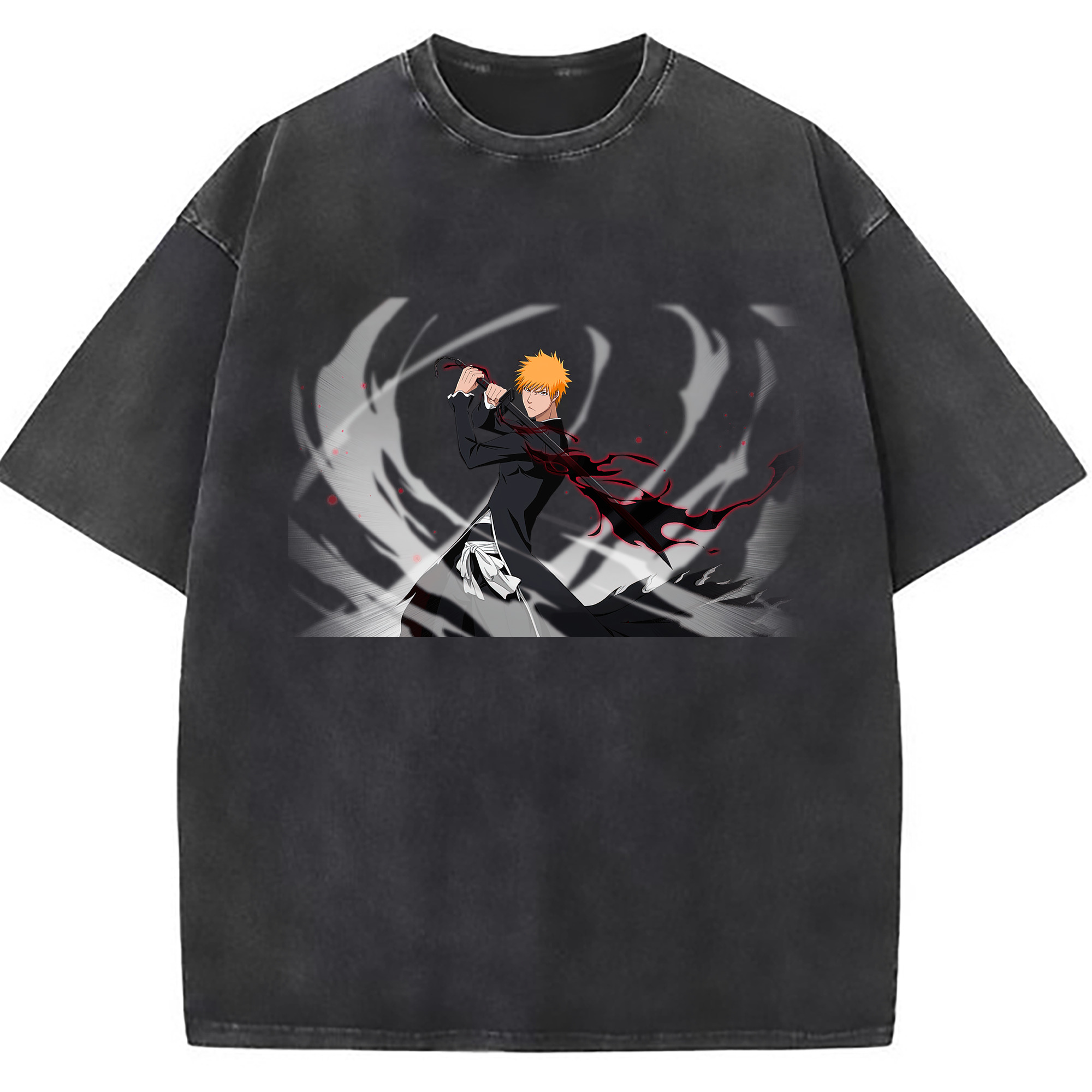 （画像用） ブリーチ 黒崎一護（くろさき いちご）BLEACH Kurosaki Ichigo 綿100% ヴィンテージ風 半袖Tシャツ（フロントプリント）