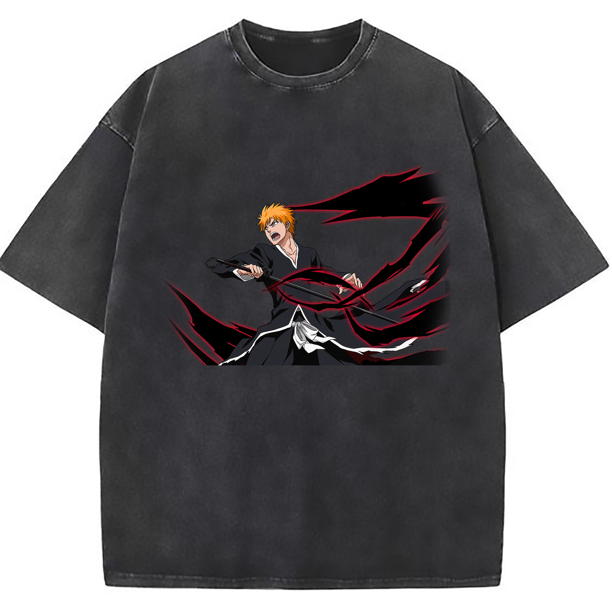 （画像用） ブリーチ 黒崎一護（くろさき いちご）BLEACH Kurosaki Ichigo 綿100% ヴィンテージ風 半袖Tシャツ（フロントプリント）