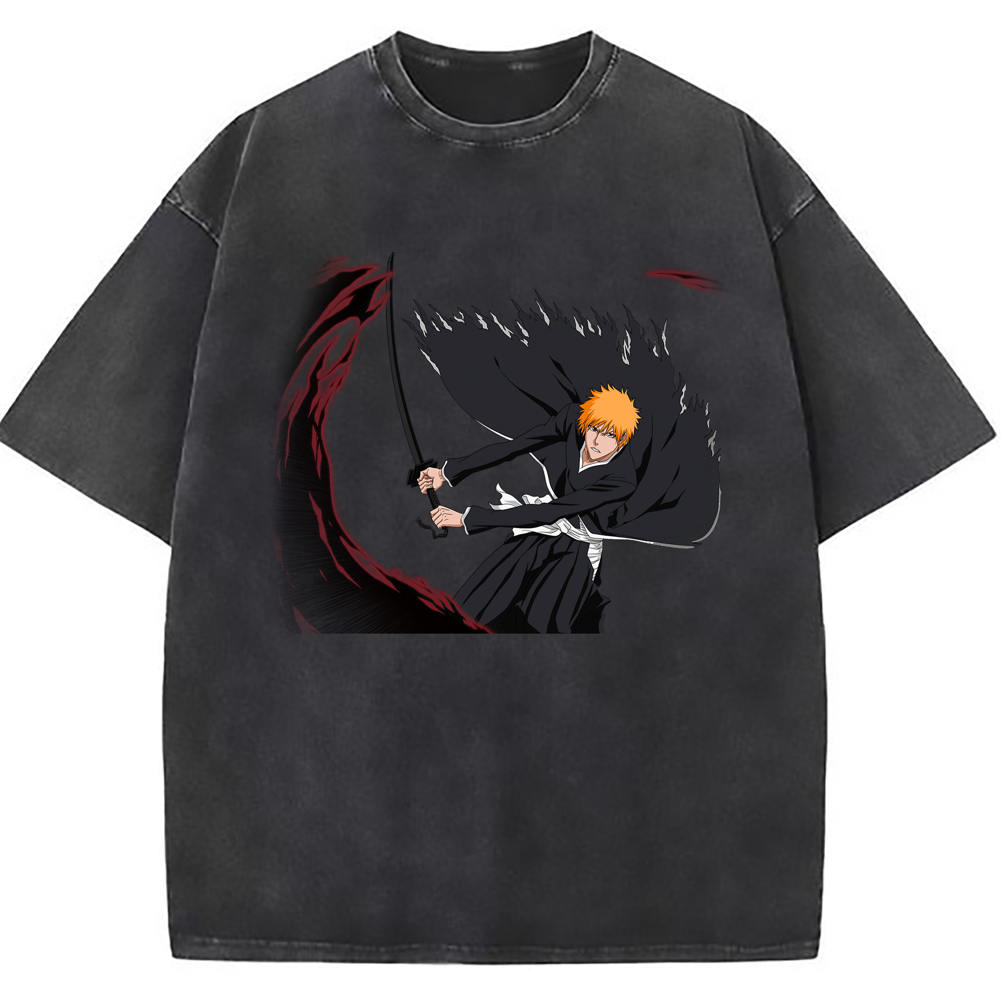 （画像用） ブリーチ 黒崎一護（くろさき いちご）BLEACH Kurosaki Ichigo 綿100% ヴィンテージ風 半袖Tシャツ（フロントプリント）
