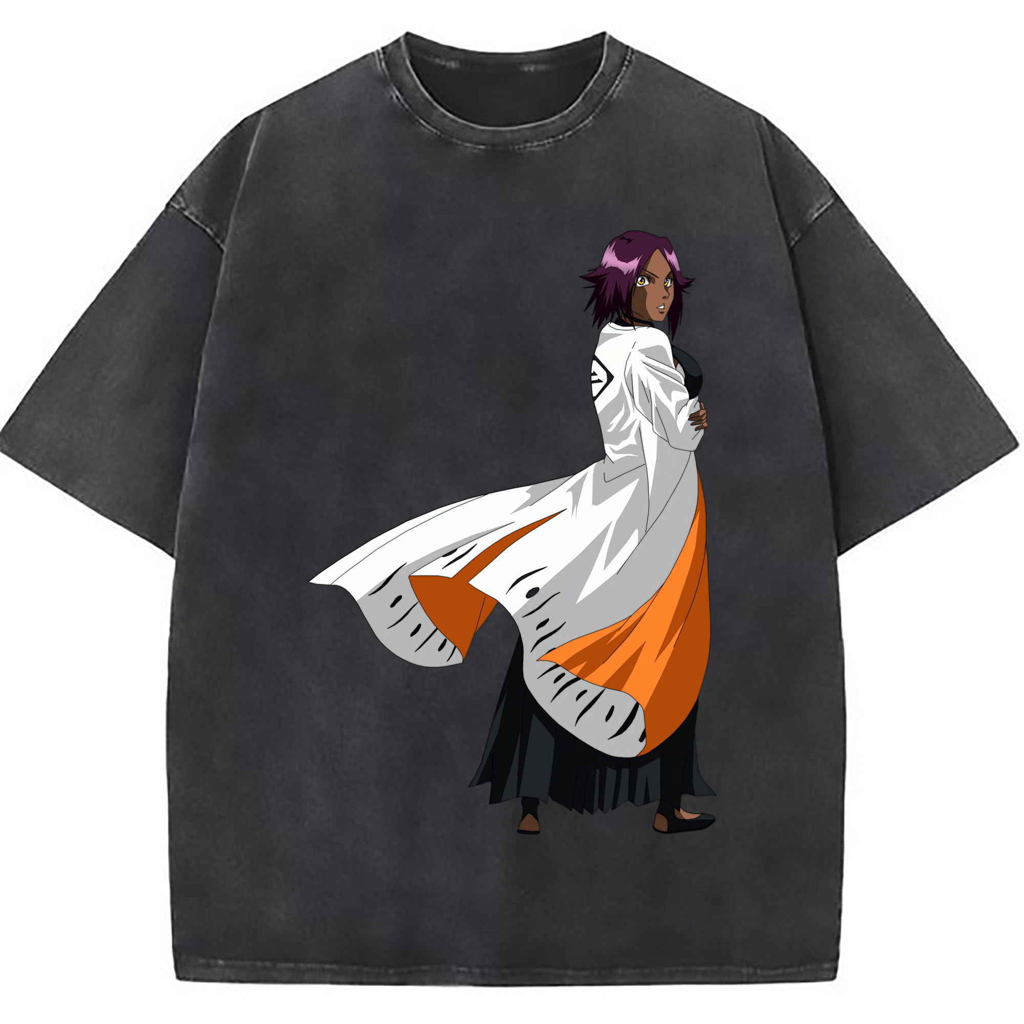 （画像用） ブリーチ 四楓院 夜一（しほういん よるいち） BLEACH Shihouin Yoruichi 綿100% ヴィンテージ風 半袖Tシャツ（フロントプリント）