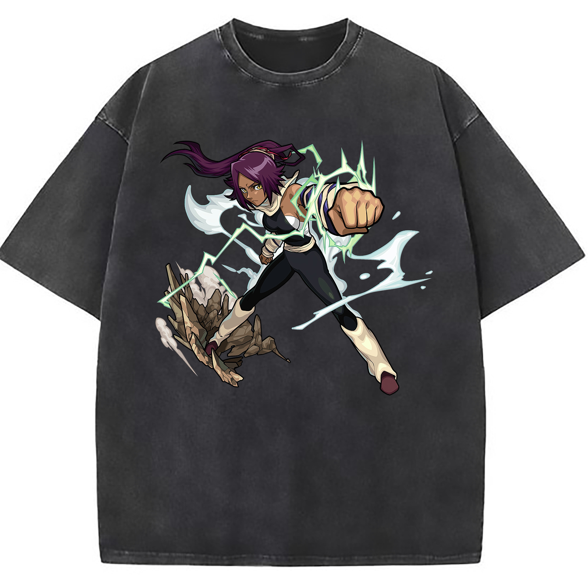 （画像用） ブリーチ 四楓院 夜一（しほういん よるいち） BLEACH Shihouin Yoruichi 綿100% ヴィンテージ風 半袖Tシャツ（フロントプリント）