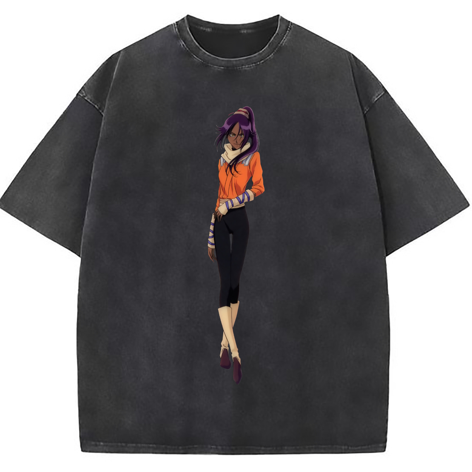 （画像用） ブリーチ 四楓院 夜一（しほういん よるいち） BLEACH Shihouin Yoruichi 綿100% ヴィンテージ風 半袖Tシャツ（フロントプリント）