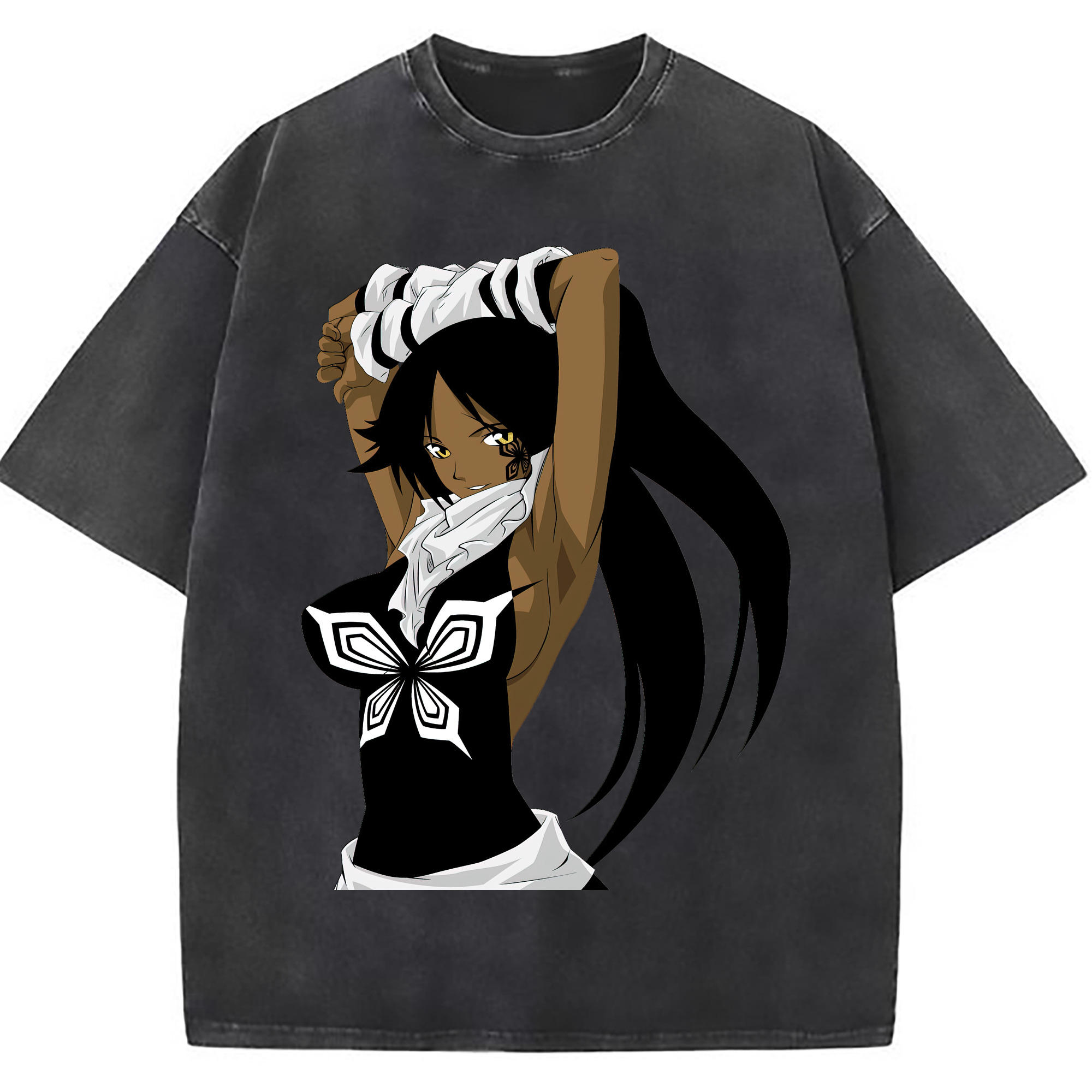 （画像用） ブリーチ 四楓院 夜一（しほういん よるいち） BLEACH Shihouin Yoruichi 綿100% ヴィンテージ風 半袖Tシャツ（フロントプリント）