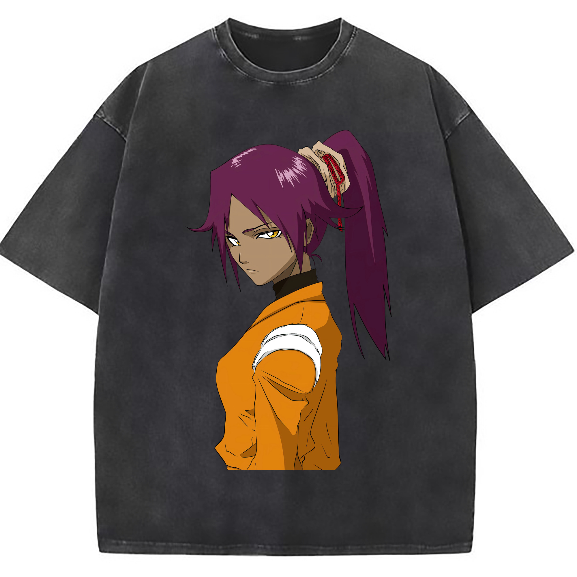 （画像用） ブリーチ 四楓院 夜一（しほういん よるいち） BLEACH Shihouin Yoruichi 綿100% ヴィンテージ風 半袖Tシャツ（フロントプリント）