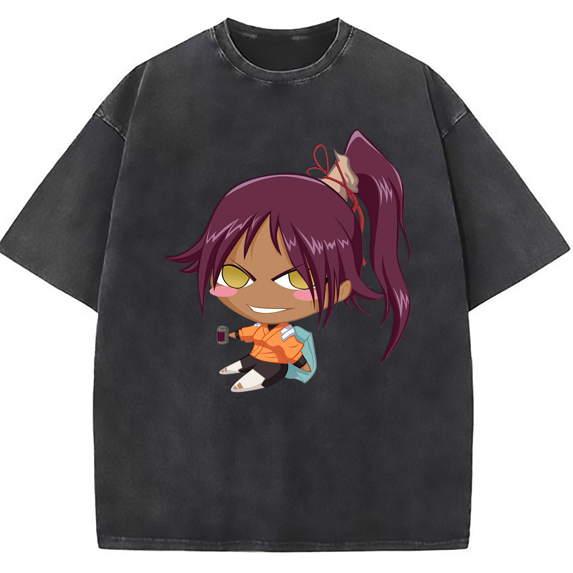 （画像用） ブリーチ 四楓院 夜一（しほういん よるいち） BLEACH Shihouin Yoruichi 綿100% ヴィンテージ風 半袖Tシャツ（フロントプリント）