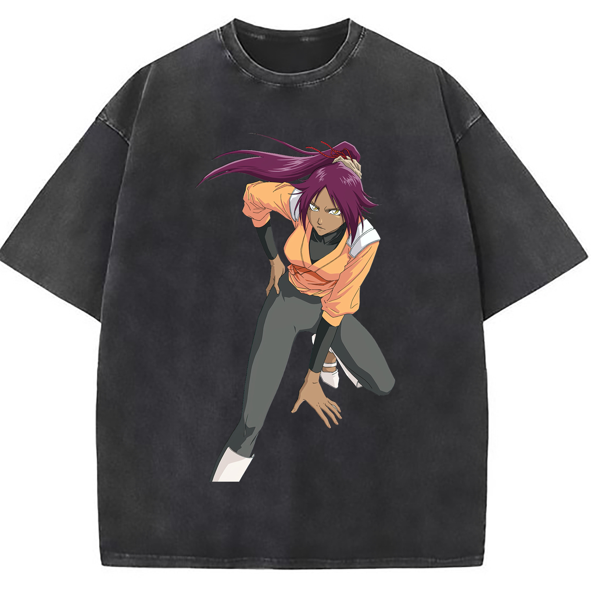 （画像用） ブリーチ 四楓院 夜一（しほういん よるいち） BLEACH Shihouin Yoruichi 綿100% ヴィンテージ風 半袖Tシャツ（フロントプリント）