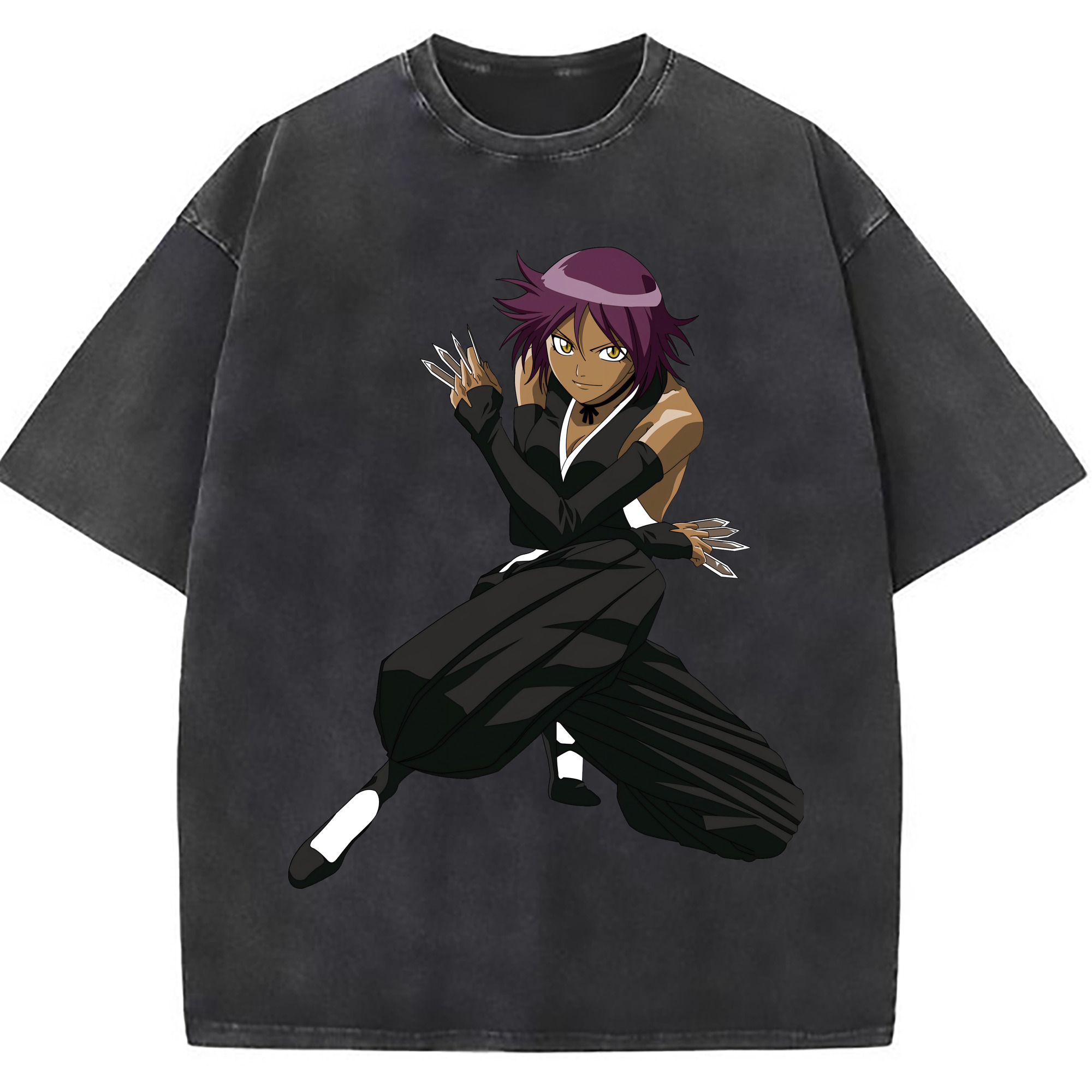 （画像用） ブリーチ 四楓院 夜一（しほういん よるいち） BLEACH Shihouin Yoruichi 綿100% ヴィンテージ風 半袖Tシャツ（フロントプリント）