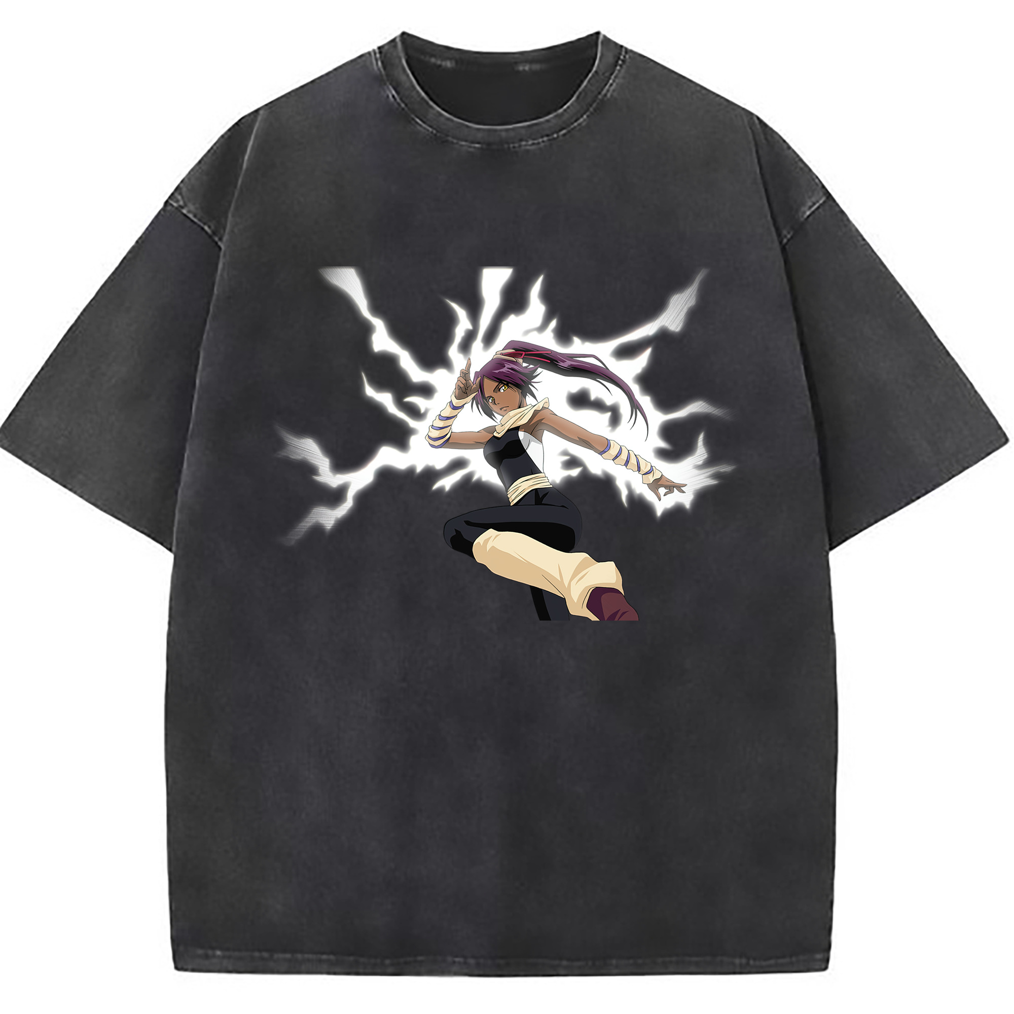 （画像用） ブリーチ 四楓院 夜一（しほういん よるいち） BLEACH Shihouin Yoruichi 綿100% ヴィンテージ風 半袖Tシャツ（フロントプリント）