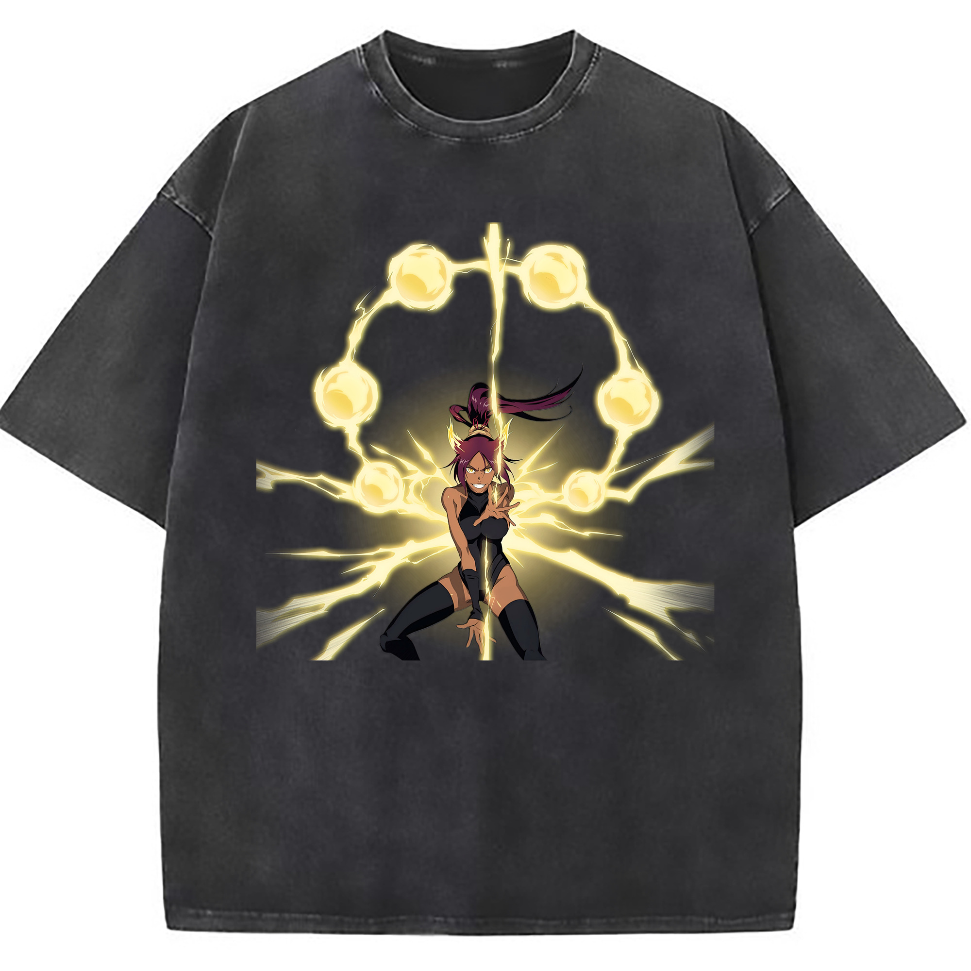 （画像用） ブリーチ 四楓院 夜一（しほういん よるいち） BLEACH Shihouin Yoruichi 綿100% ヴィンテージ風 半袖Tシャツ（フロントプリント）