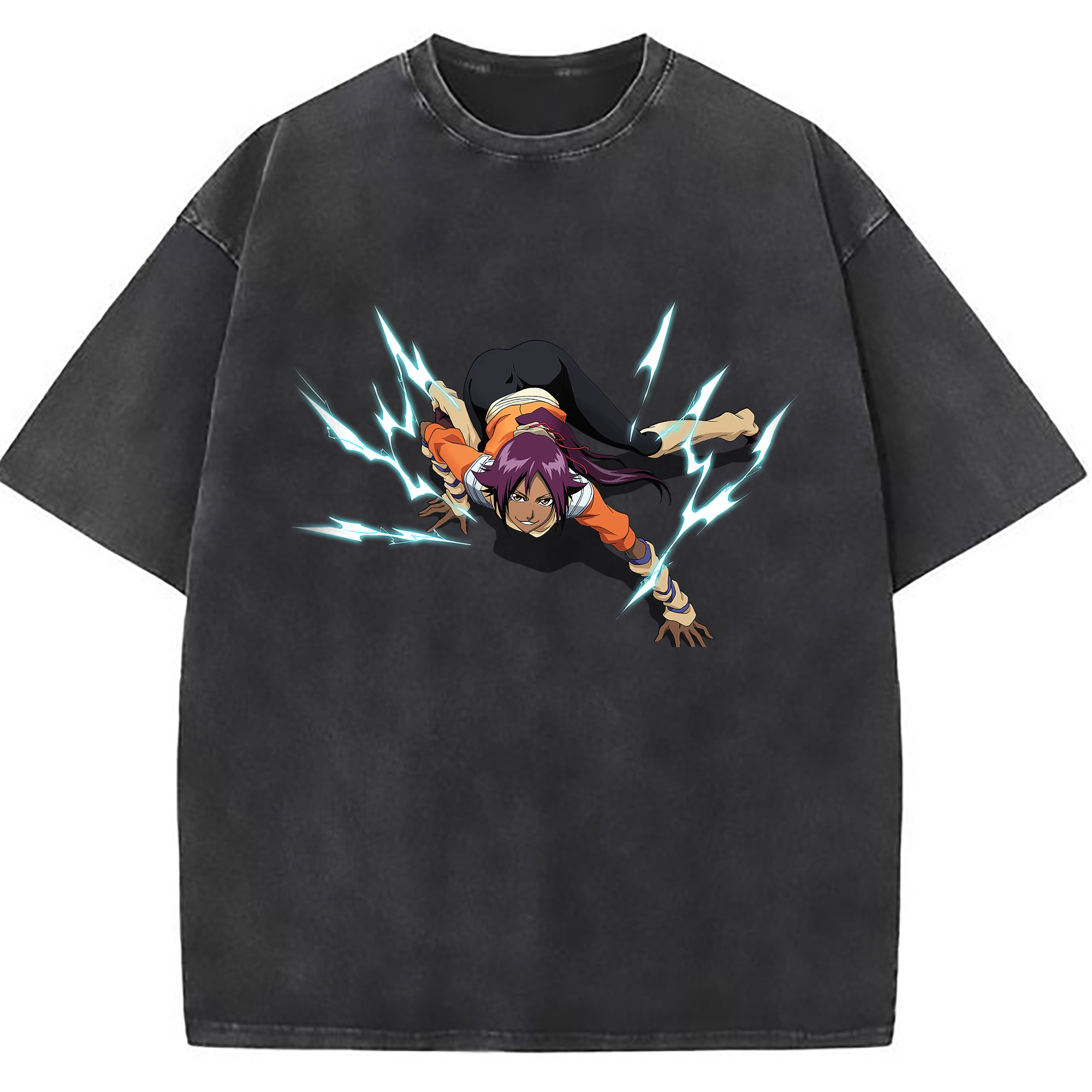 （画像用） ブリーチ 四楓院 夜一（しほういん よるいち） BLEACH Shihouin Yoruichi 綿100% ヴィンテージ風 半袖Tシャツ（フロントプリント）