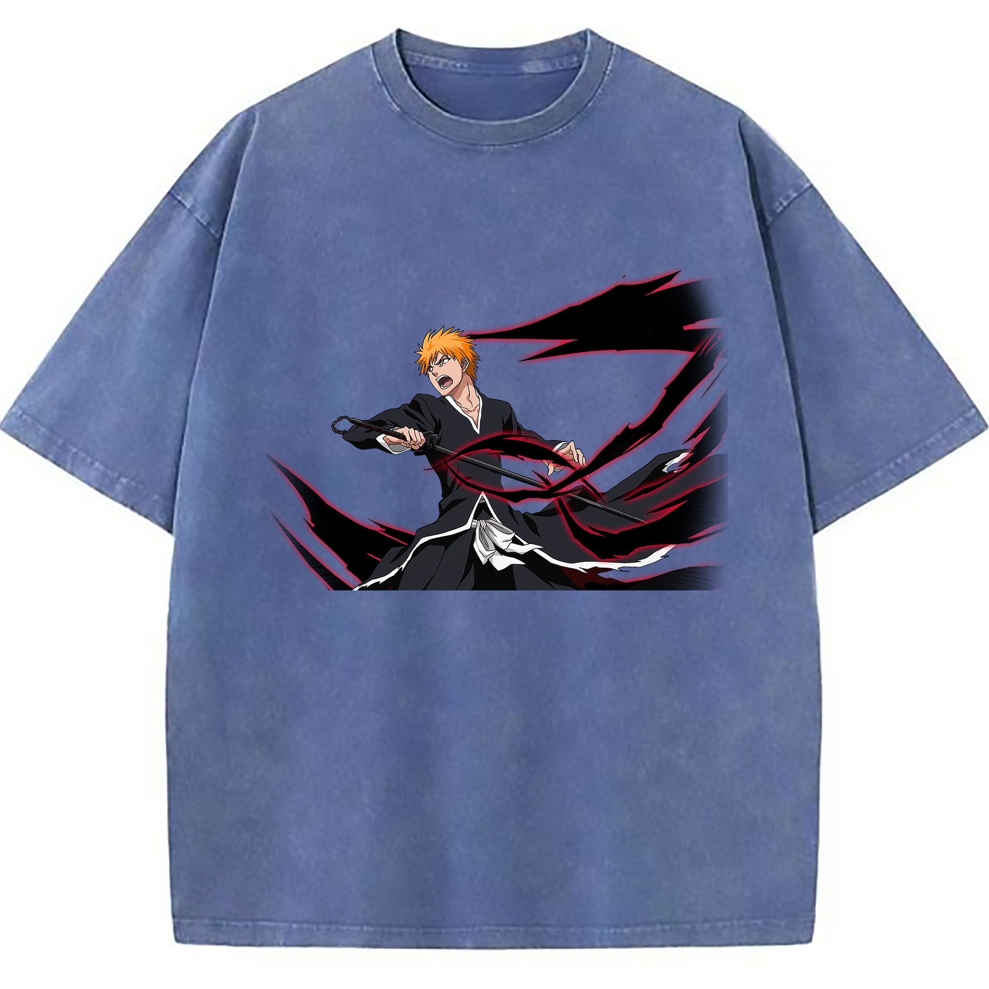 （画像用） ブリーチ 黒崎一護（くろさき いちご）BLEACH Kurosaki Ichigo 綿100% ヴィンテージ風 半袖Tシャツ（フロントプリント）