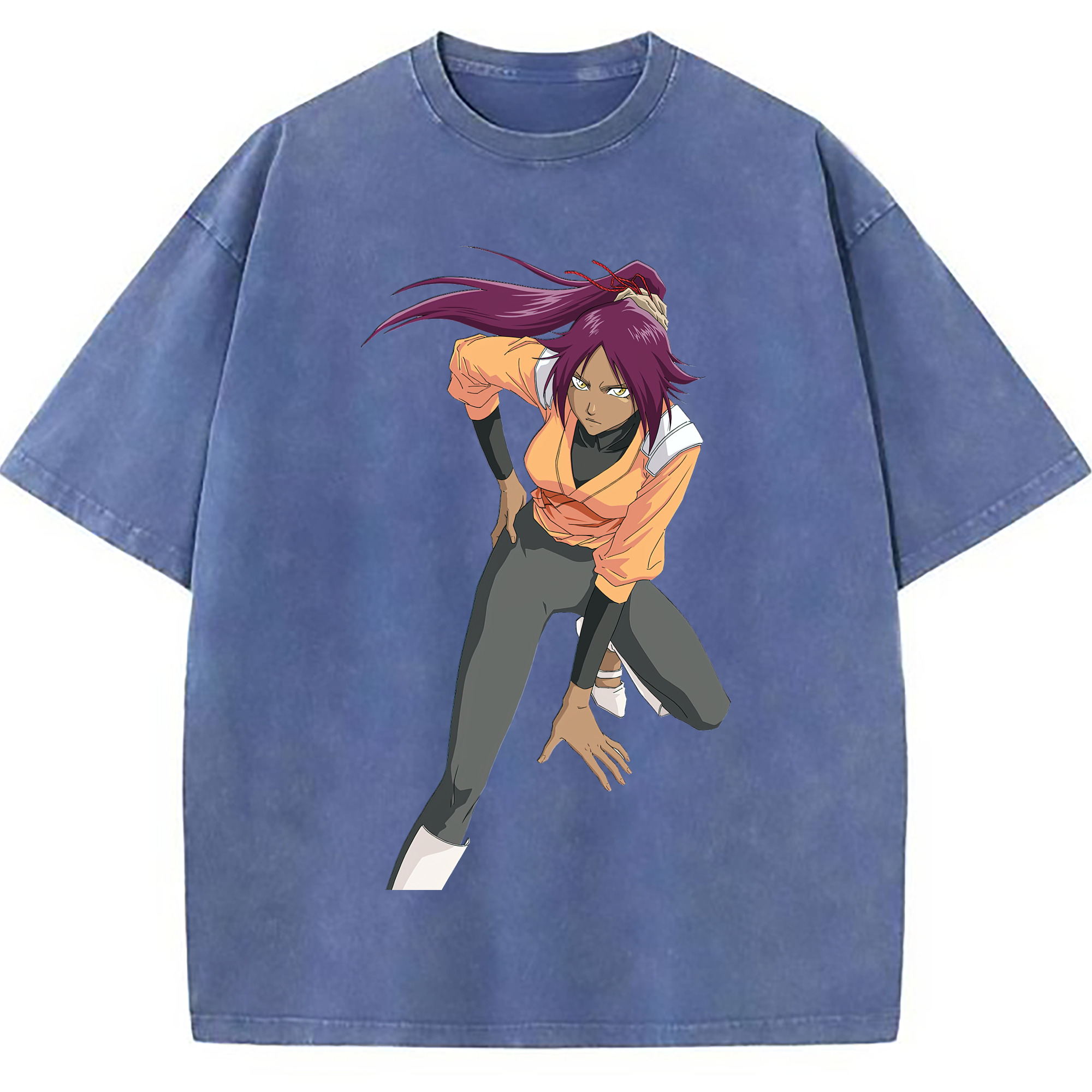 （画像用） ブリーチ 四楓院 夜一（しほういん よるいち） BLEACH Shihouin Yoruichi 綿100% ヴィンテージ風 半袖Tシャツ（フロントプリント）