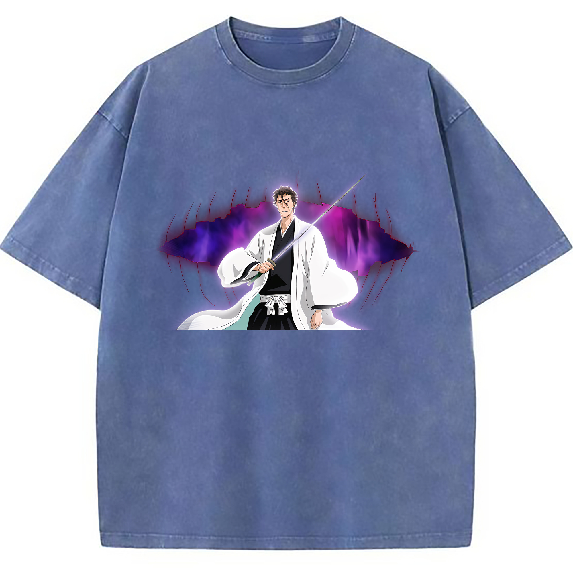 （画像用） ブリーチ 藍染 惣右介（あいぜん そうすけ） BLEACH Aizen Sousuke 綿100% ヴィンテージ風 半袖Tシャツ（フロントプリント）