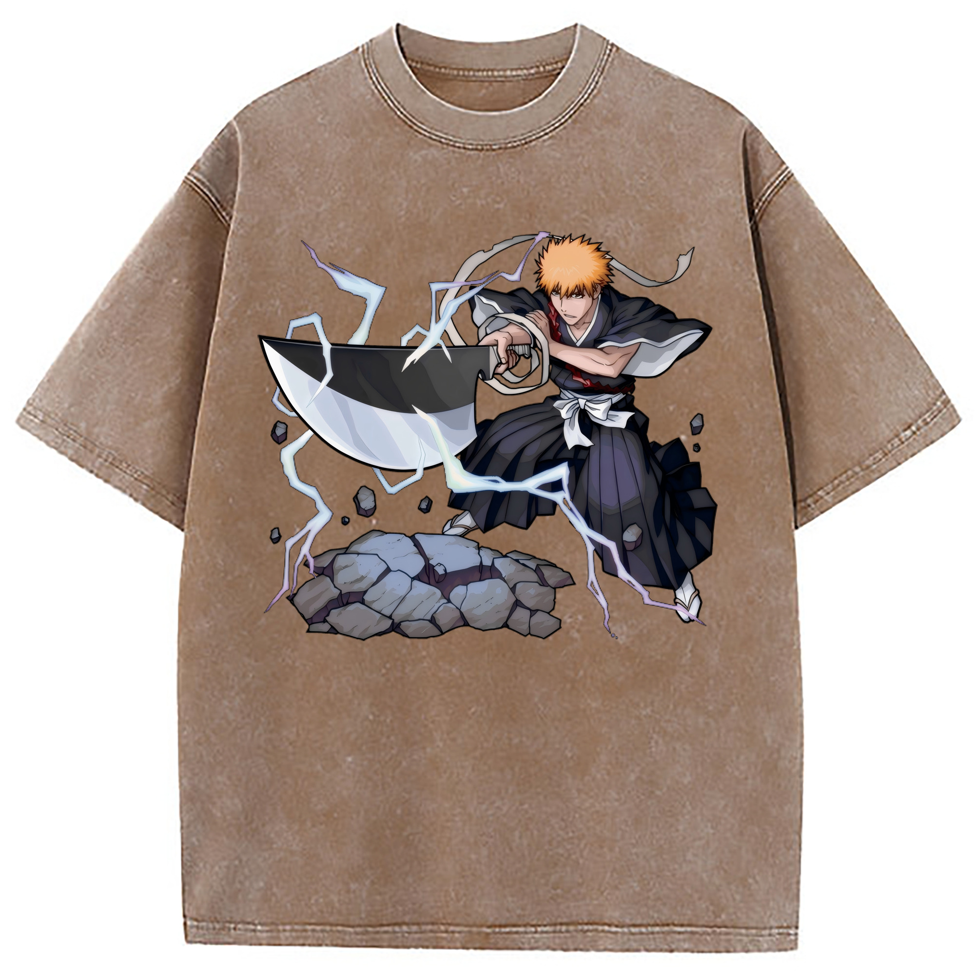 （画像用） ブリーチ 黒崎一護（くろさき いちご）BLEACH Kurosaki Ichigo 綿100% ヴィンテージ風 半袖Tシャツ（フロントプリント）