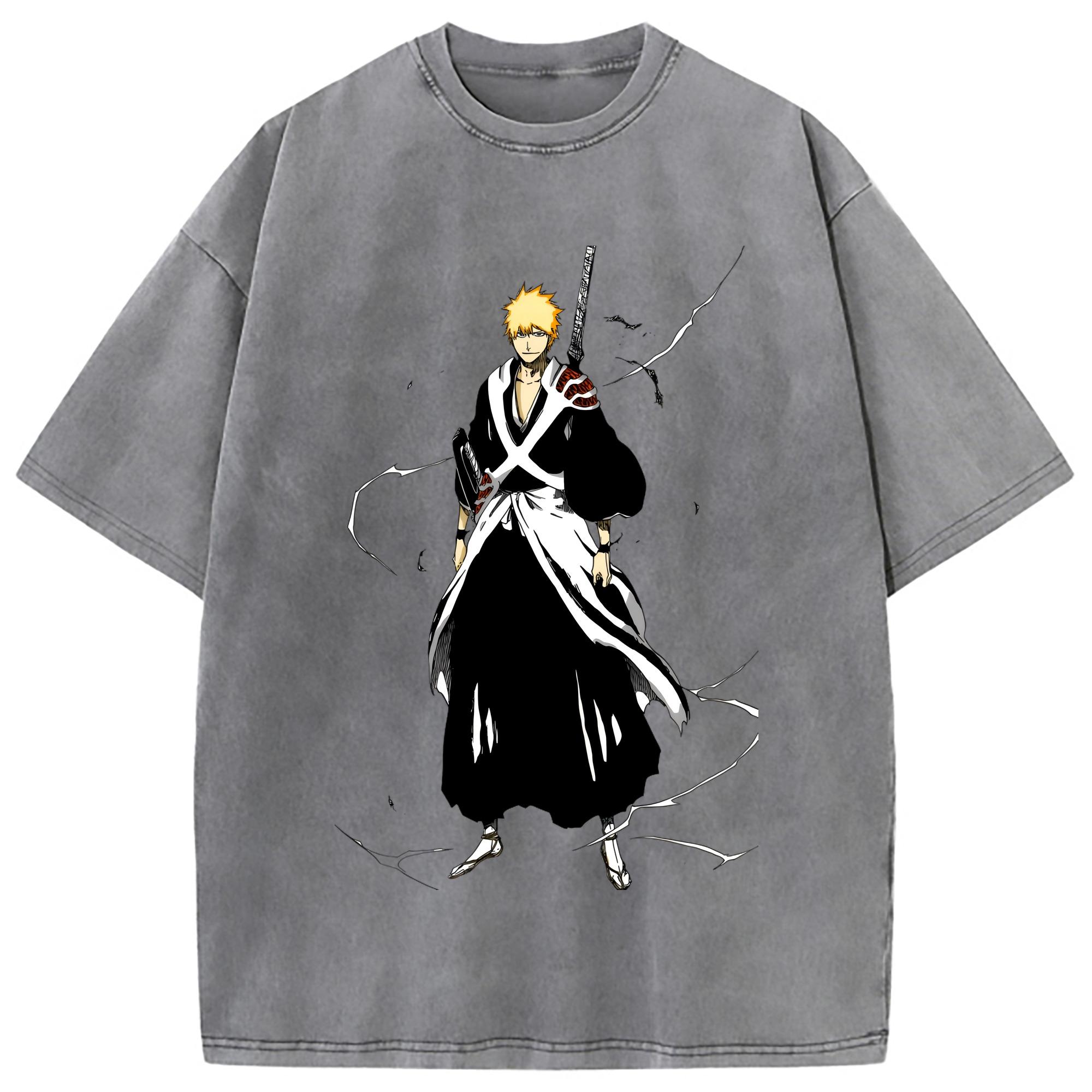（画像用） ブリーチ 黒崎一護（くろさき いちご）BLEACH Kurosaki Ichigo 綿100% ヴィンテージ風 半袖Tシャツ（フロントプリント）