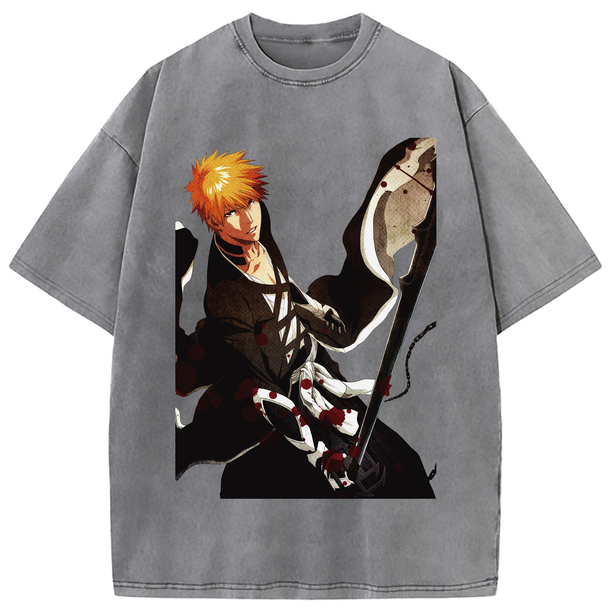 （画像用） ブリーチ 黒崎一護（くろさき いちご）BLEACH Kurosaki Ichigo 綿100% ヴィンテージ風 半袖Tシャツ（フロントプリント）