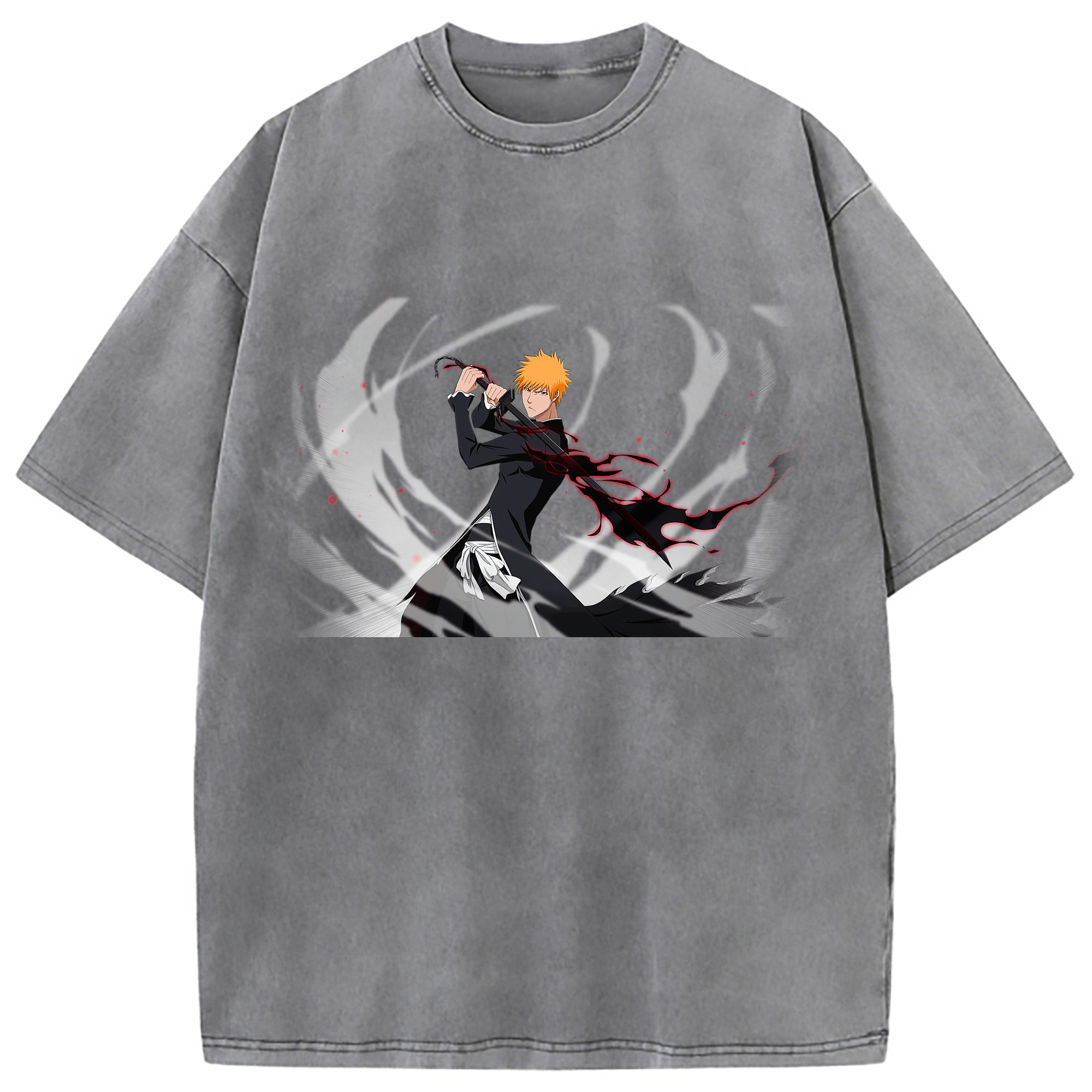 （画像用） ブリーチ 黒崎一護（くろさき いちご）BLEACH Kurosaki Ichigo 綿100% ヴィンテージ風 半袖Tシャツ（フロントプリント）
