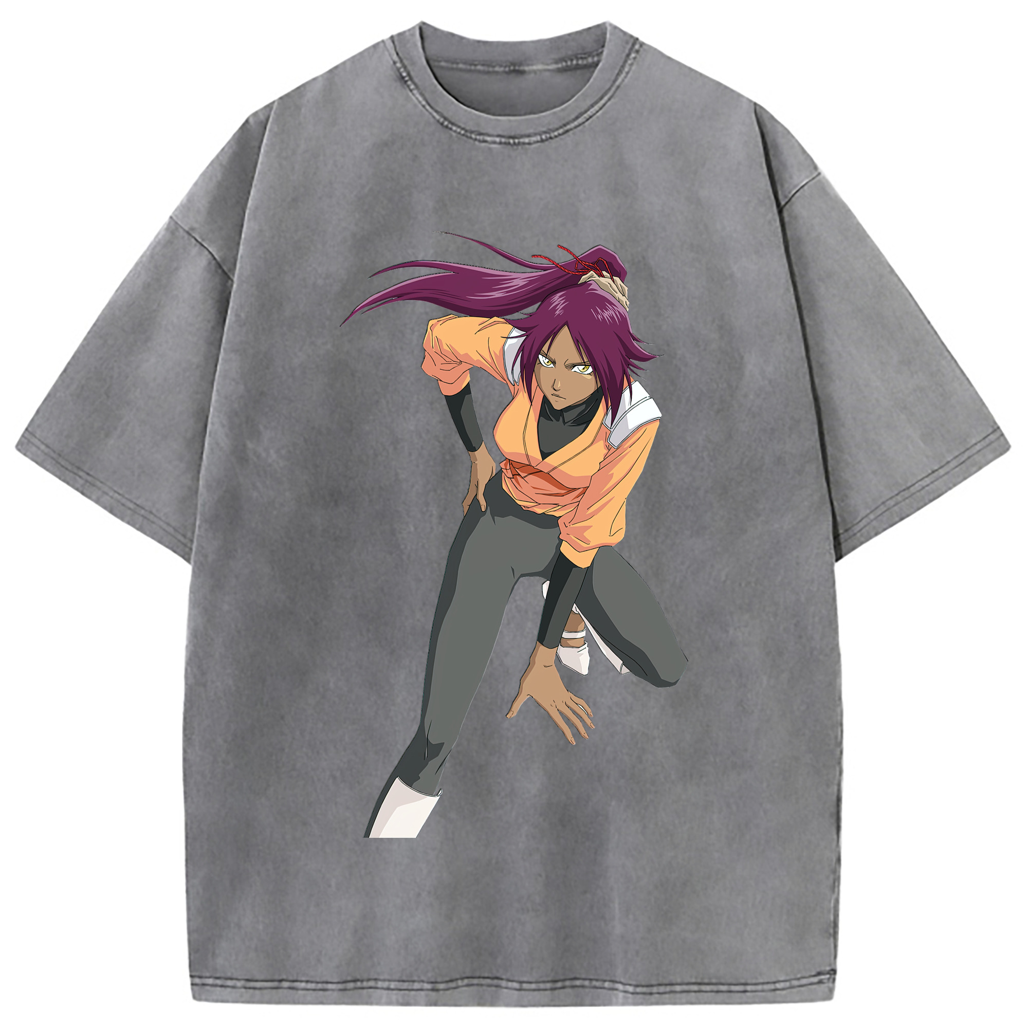 （画像用） ブリーチ 四楓院 夜一（しほういん よるいち） BLEACH Shihouin Yoruichi 綿100% ヴィンテージ風 半袖Tシャツ（フロントプリント）
