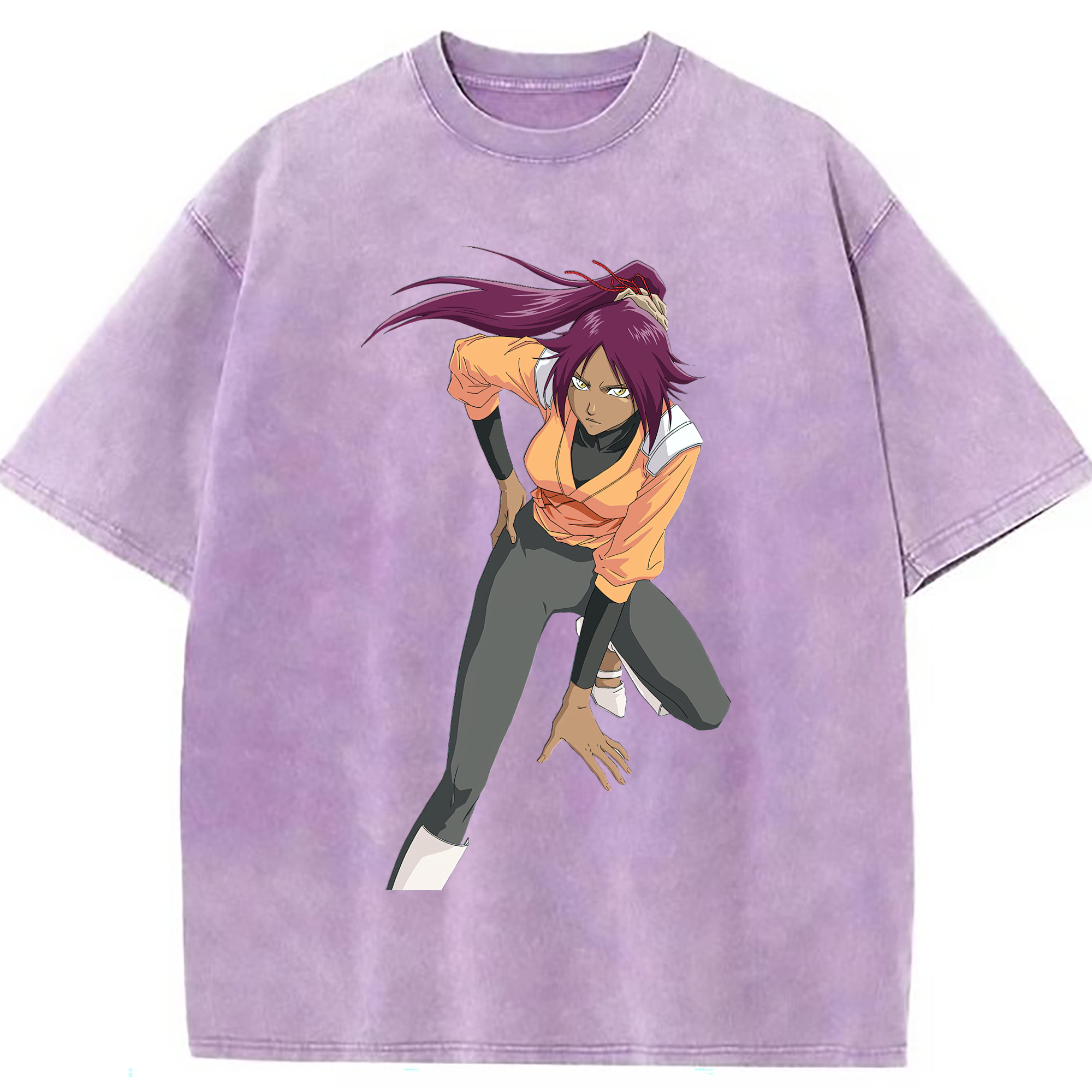 （画像用） ブリーチ 四楓院 夜一（しほういん よるいち） BLEACH Shihouin Yoruichi 綿100% ヴィンテージ風 半袖Tシャツ（フロントプリント）