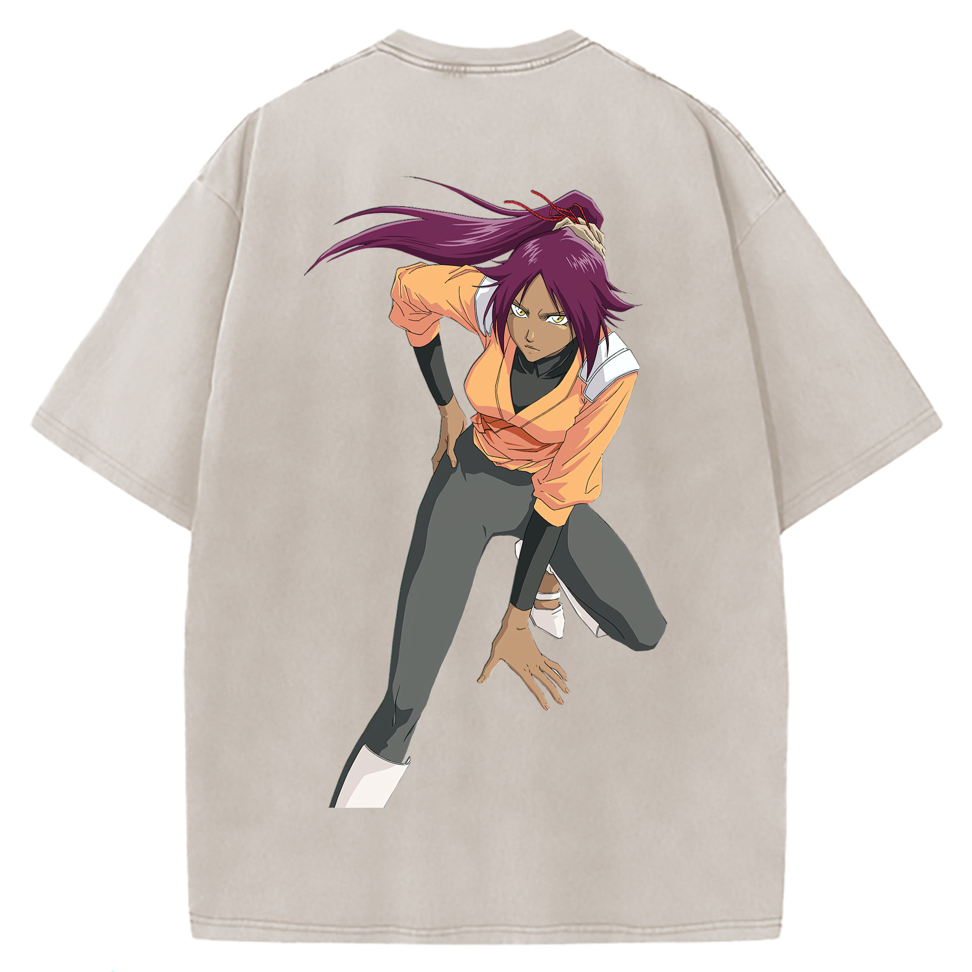 （画像用） ブリーチ 四楓院 夜一（しほういん よるいち） BLEACH Shihouin Yoruichi 綿100% ヴィンテージ風 半袖Tシャツ（背面プリント）