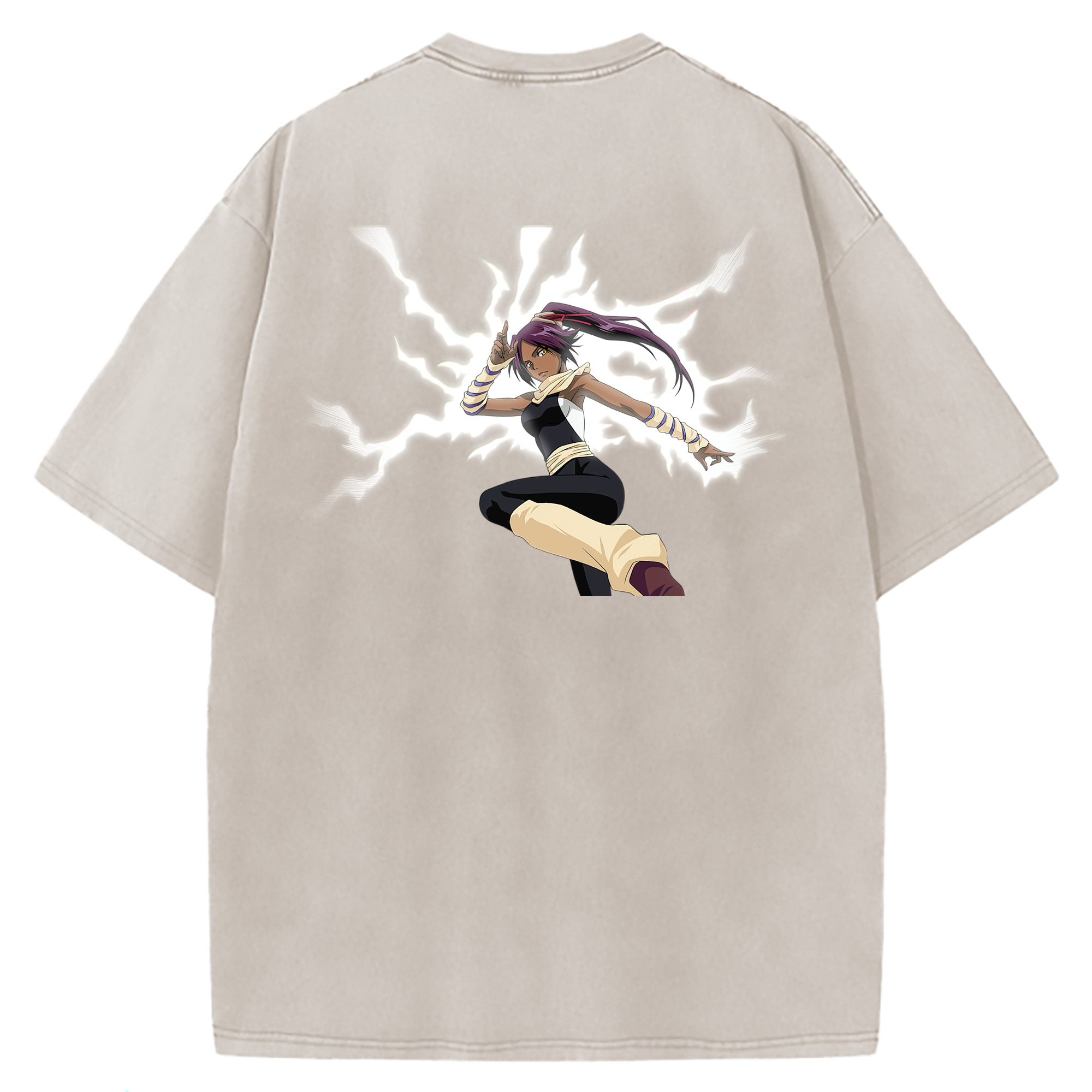 （画像用） ブリーチ 四楓院 夜一（しほういん よるいち） BLEACH Shihouin Yoruichi 綿100% ヴィンテージ風 半袖Tシャツ（背面プリント）