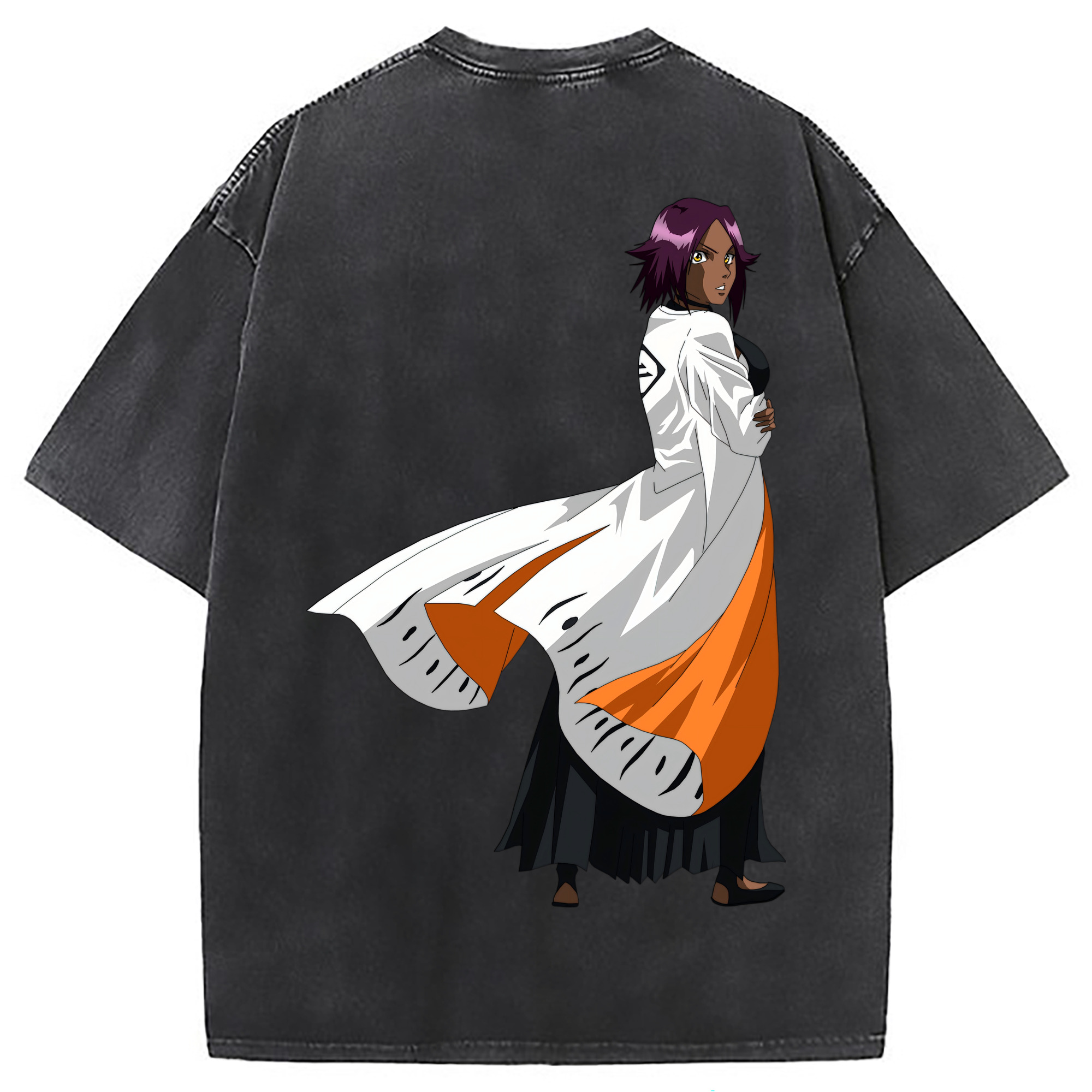 （画像用） ブリーチ 四楓院 夜一（しほういん よるいち） BLEACH Shihouin Yoruichi 綿100% ヴィンテージ風 半袖Tシャツ（背面プリント）