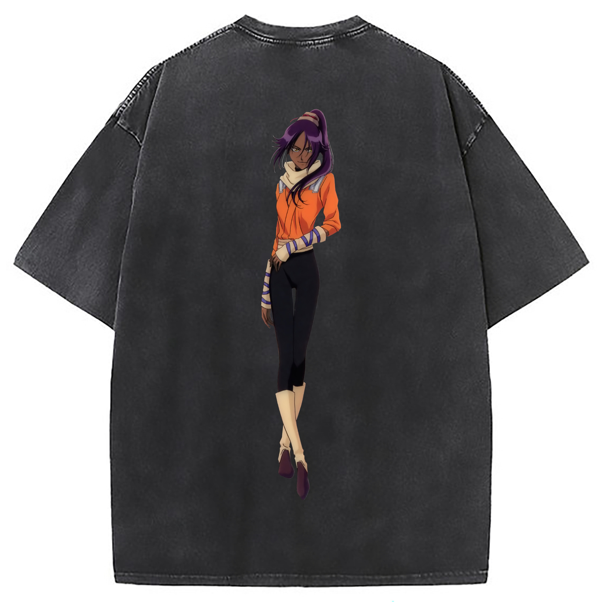 （画像用） ブリーチ 四楓院 夜一（しほういん よるいち） BLEACH Shihouin Yoruichi 綿100% ヴィンテージ風 半袖Tシャツ（背面プリント）
