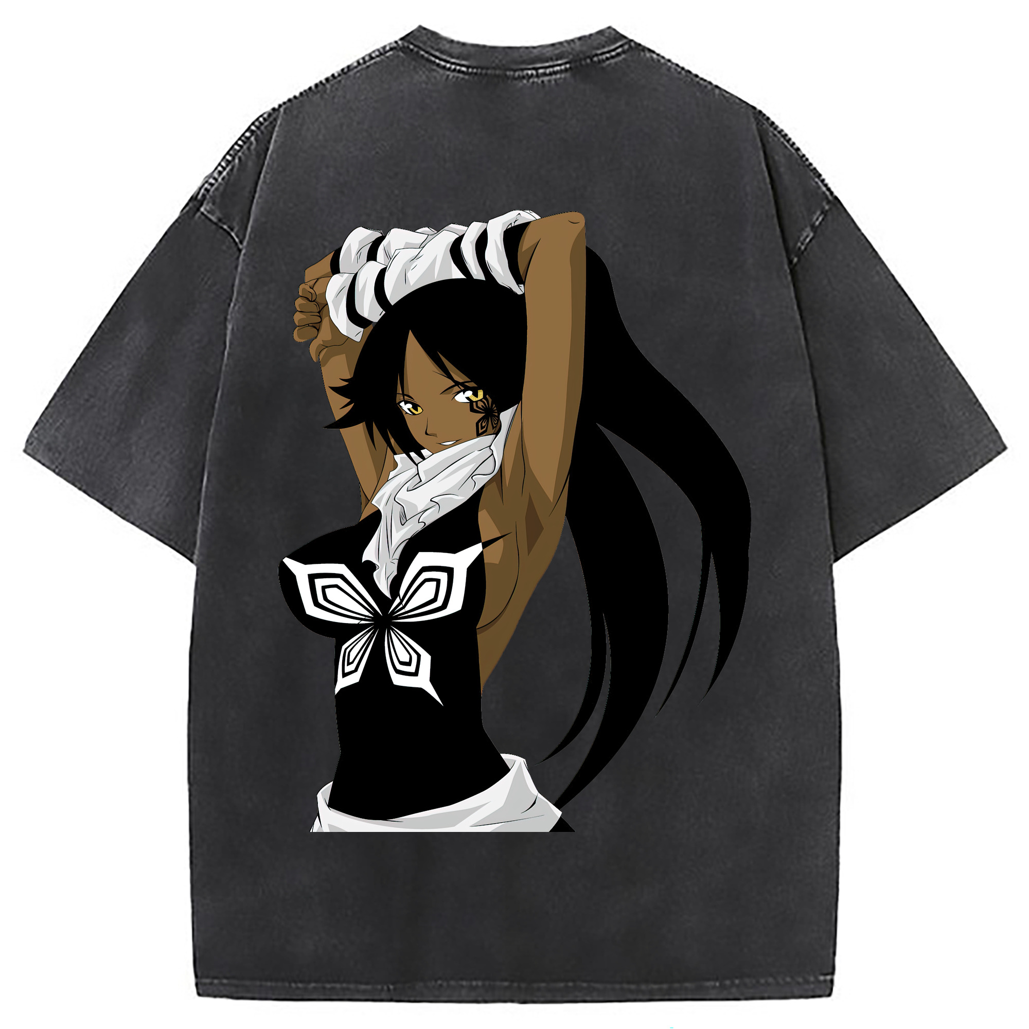 （画像用） ブリーチ 四楓院 夜一（しほういん よるいち） BLEACH Shihouin Yoruichi 綿100% ヴィンテージ風 半袖Tシャツ（背面プリント）