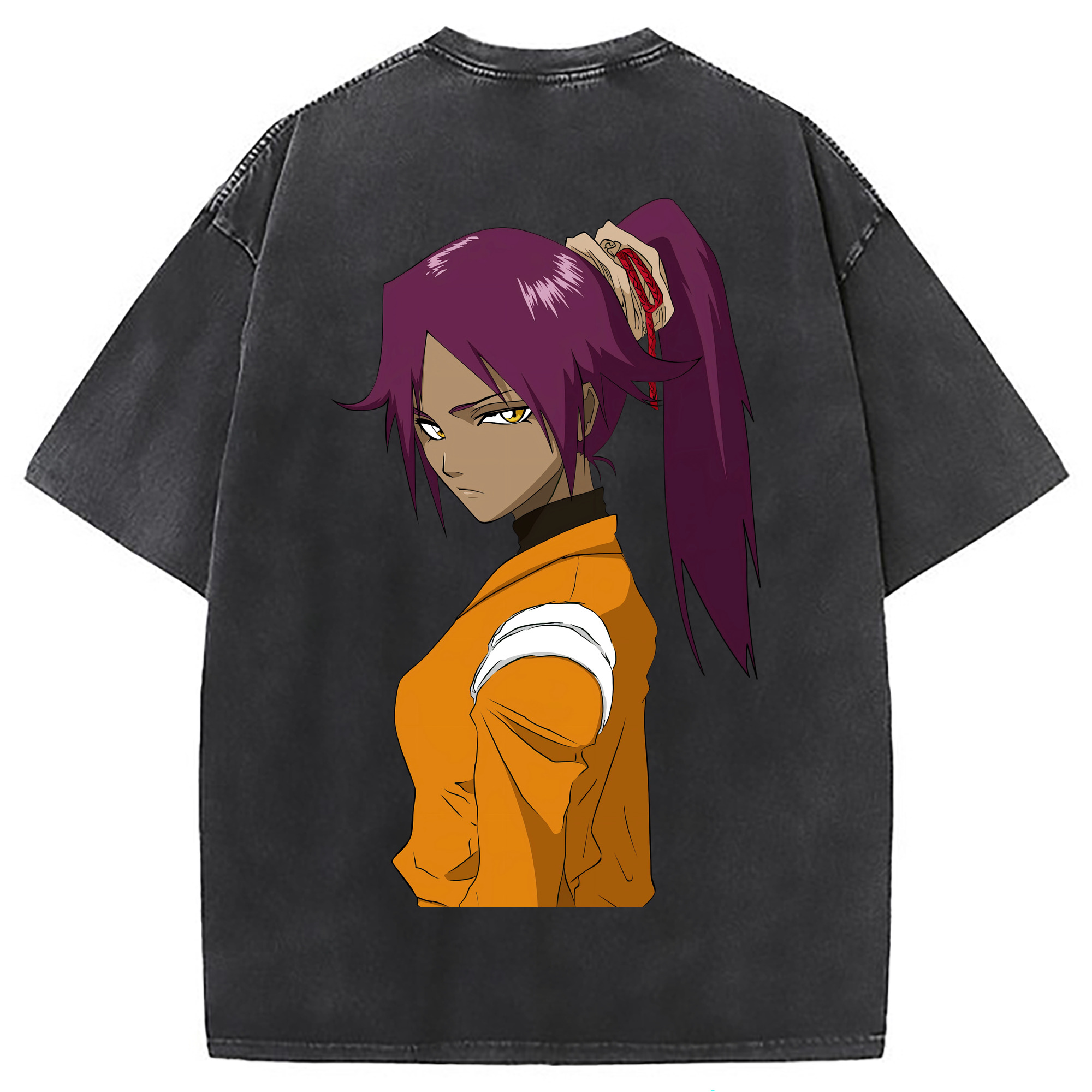 （画像用） ブリーチ 四楓院 夜一（しほういん よるいち） BLEACH Shihouin Yoruichi 綿100% ヴィンテージ風 半袖Tシャツ（背面プリント）