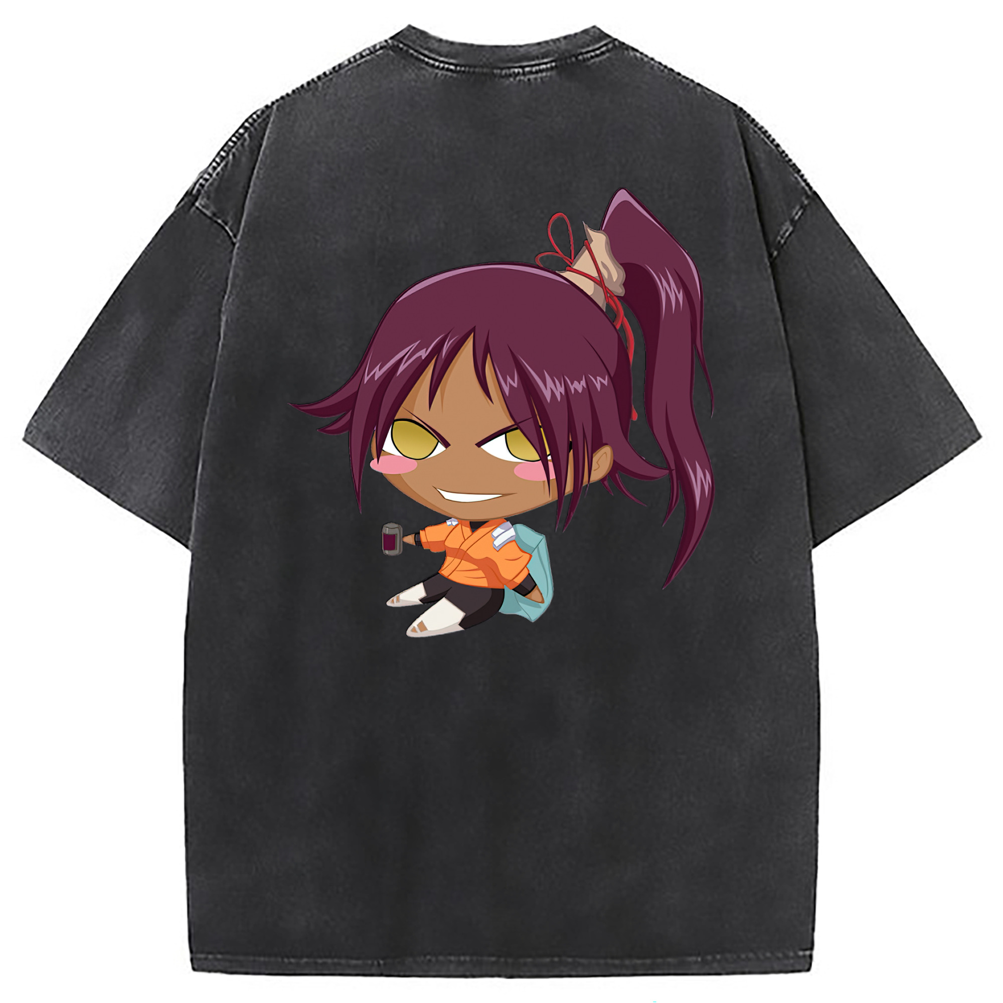 （画像用） ブリーチ 四楓院 夜一（しほういん よるいち） BLEACH Shihouin Yoruichi 綿100% ヴィンテージ風 半袖Tシャツ（背面プリント）