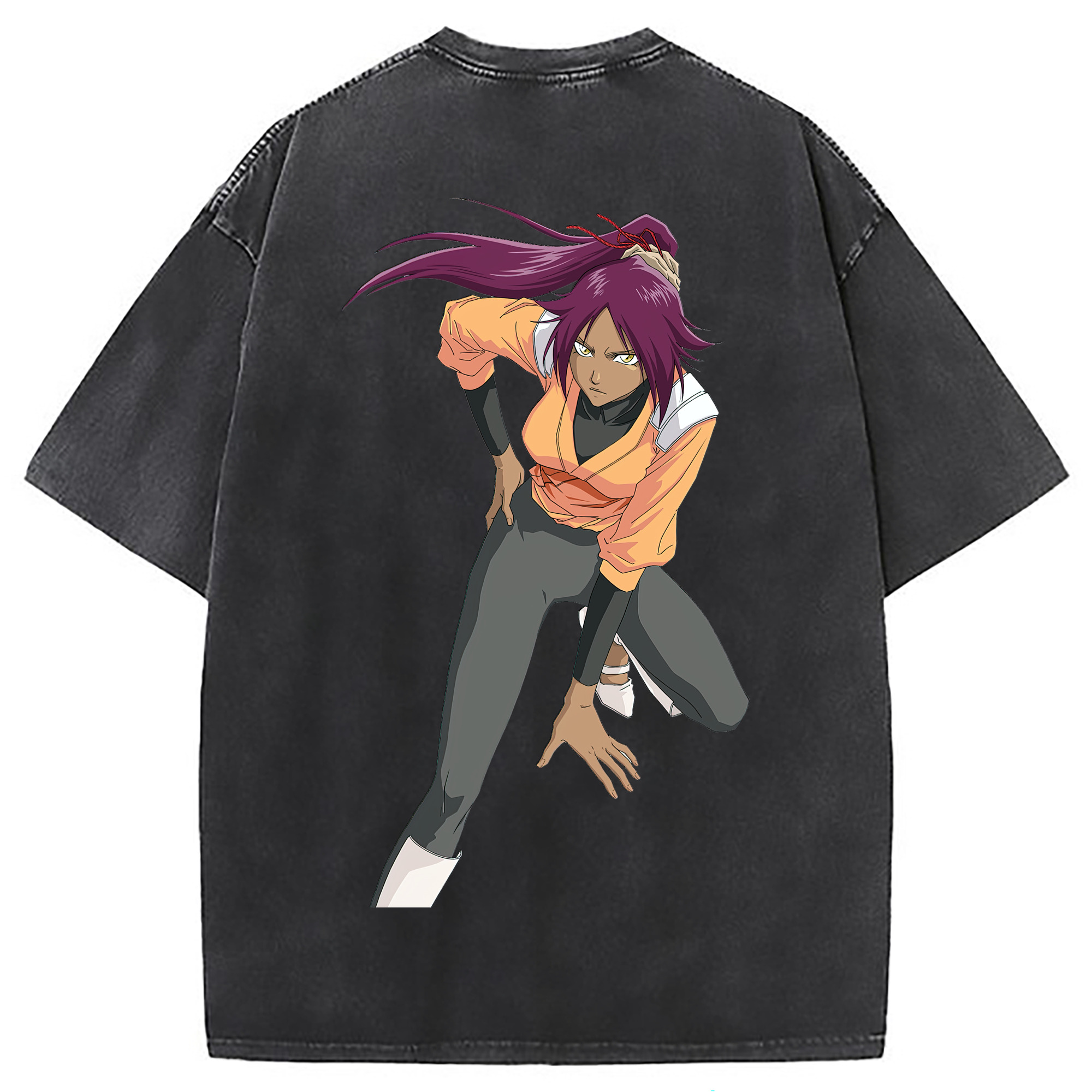 （画像用） ブリーチ 四楓院 夜一（しほういん よるいち） BLEACH Shihouin Yoruichi 綿100% ヴィンテージ風 半袖Tシャツ（背面プリント）