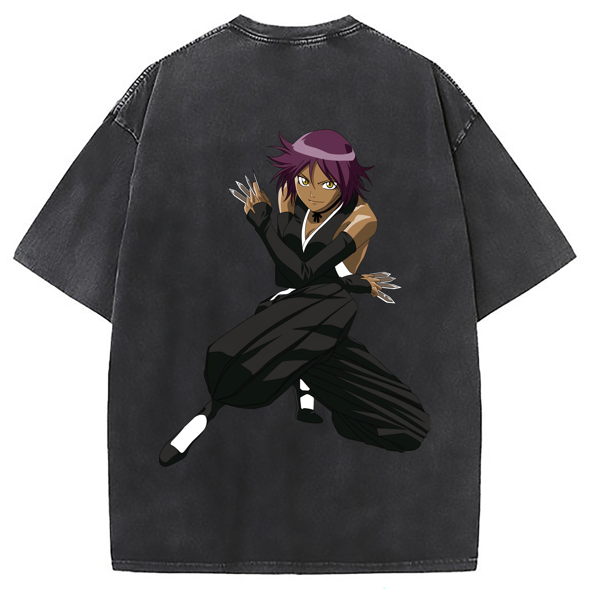 （画像用） ブリーチ 四楓院 夜一（しほういん よるいち） BLEACH Shihouin Yoruichi 綿100% ヴィンテージ風 半袖Tシャツ（背面プリント）