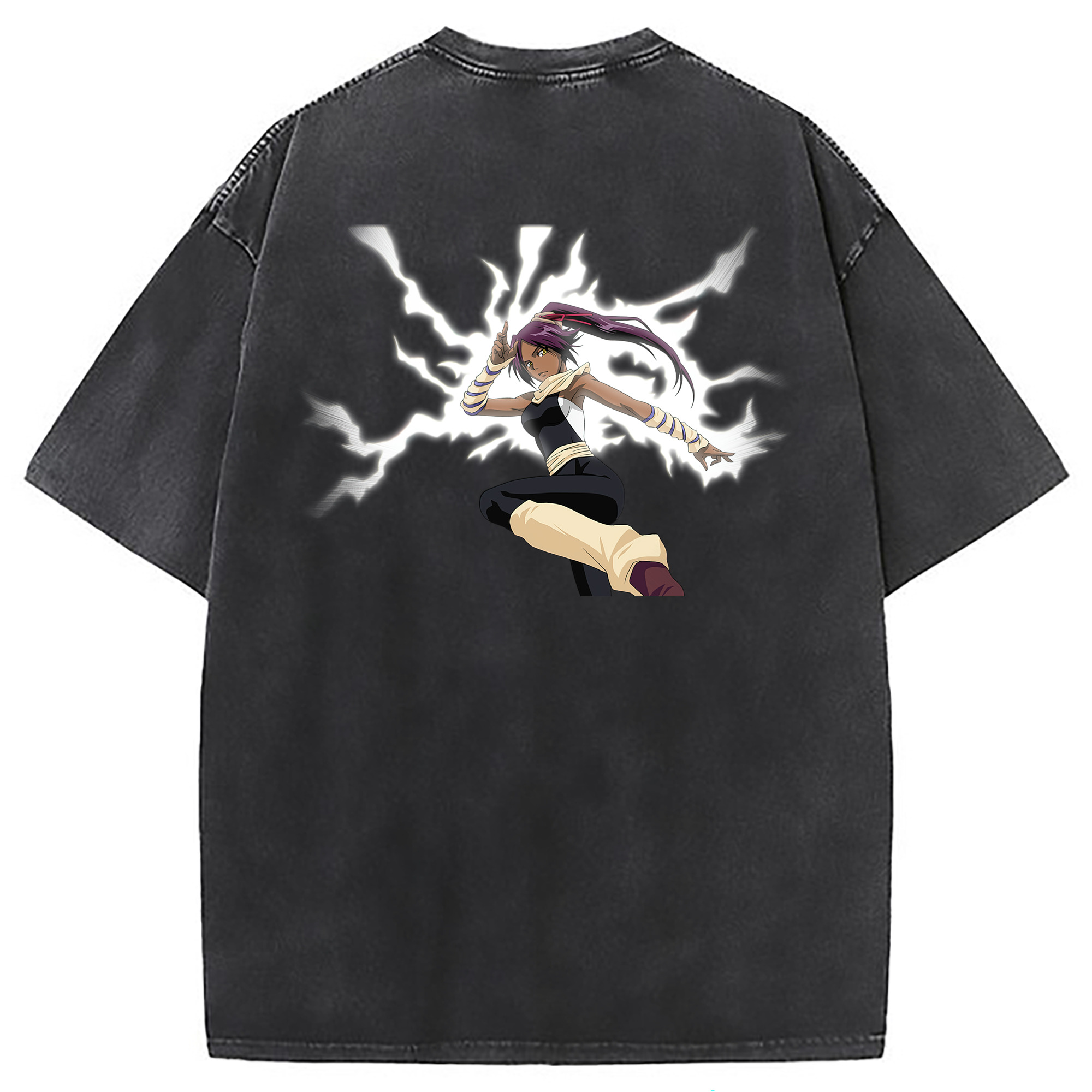 （画像用） ブリーチ 四楓院 夜一（しほういん よるいち） BLEACH Shihouin Yoruichi 綿100% ヴィンテージ風 半袖Tシャツ（背面プリント）