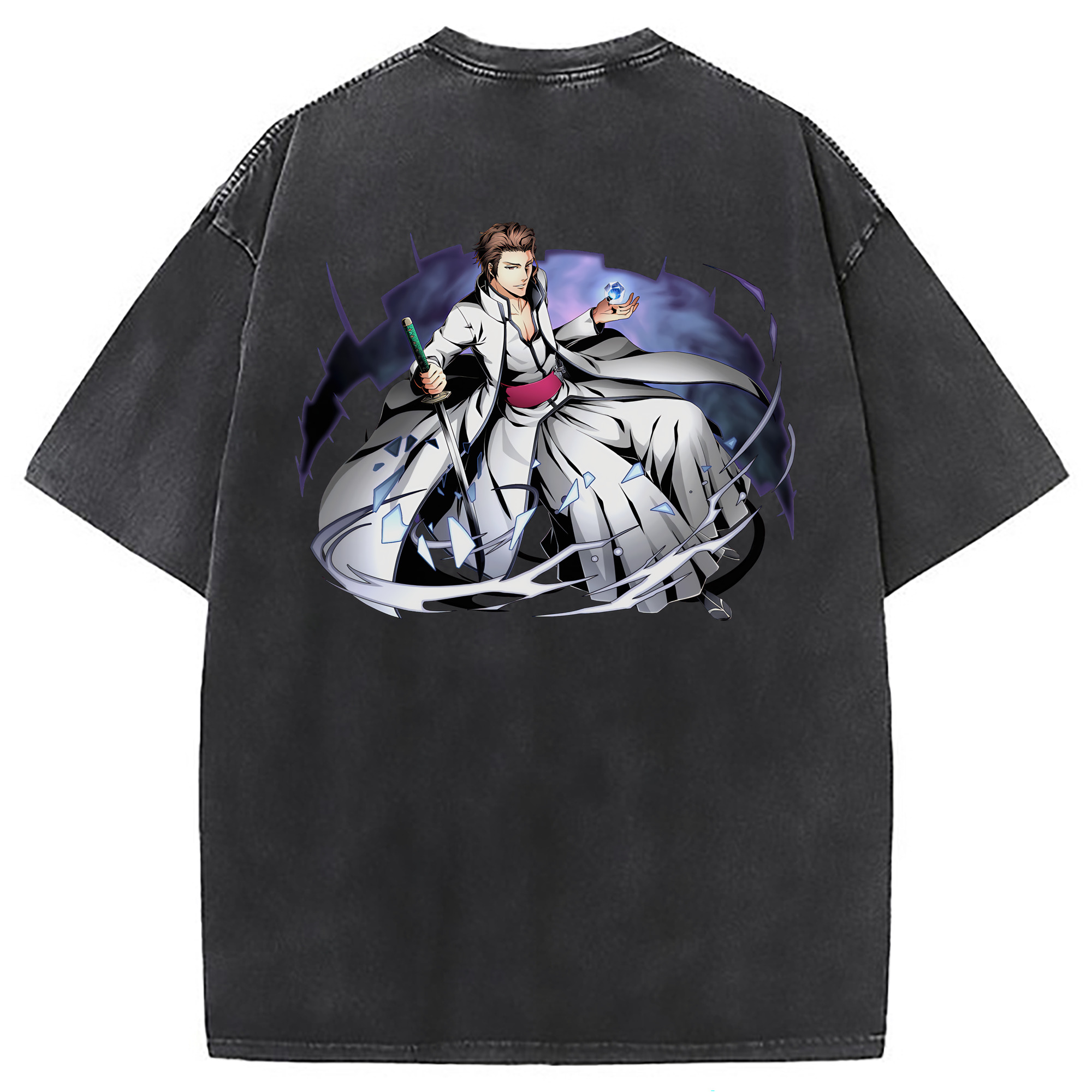 （画像用） ブリーチ 藍染 惣右介（あいぜん そうすけ） BLEACH Aizen Sousuke 綿100% ヴィンテージ風 半袖Tシャツ（背面プリント）