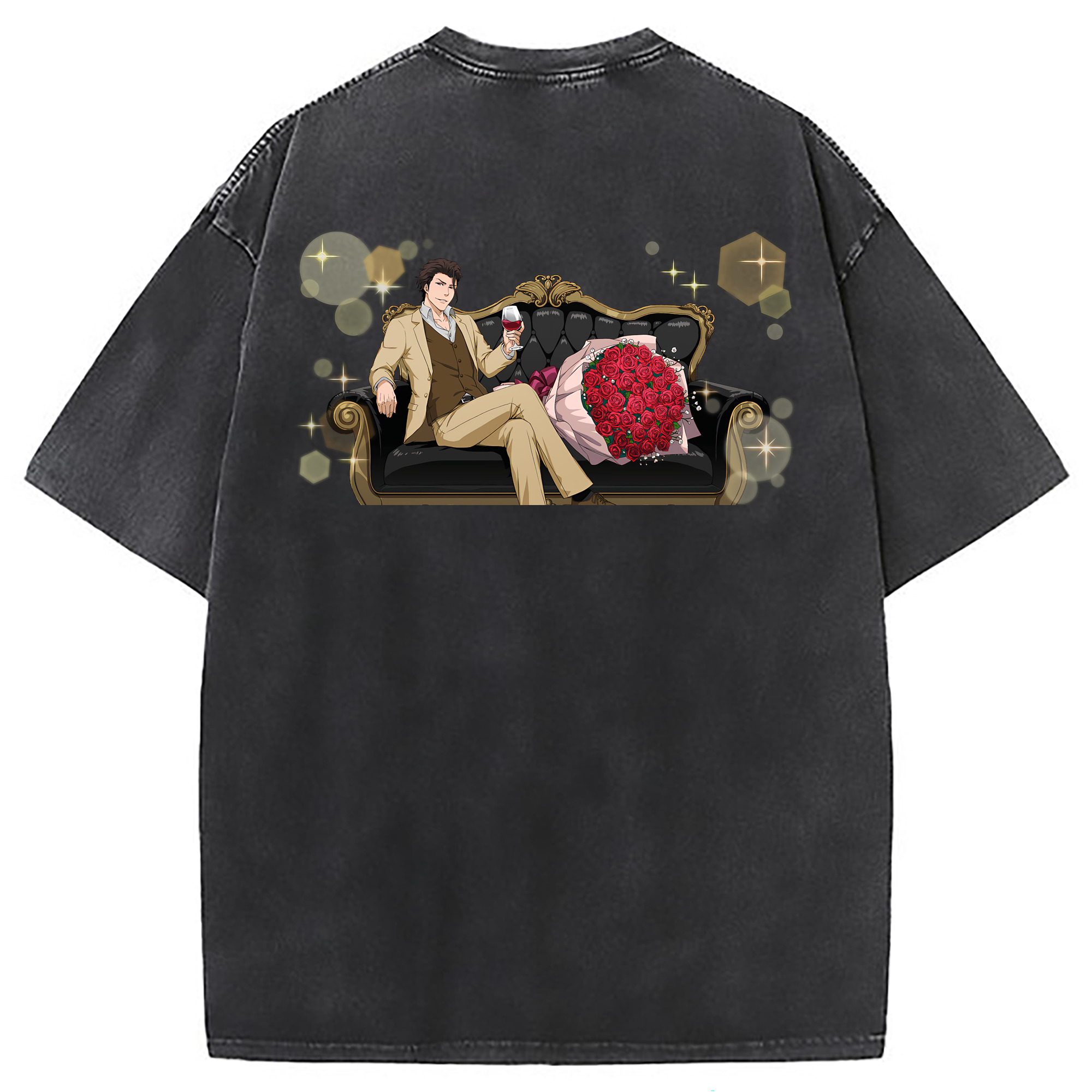 （画像用） ブリーチ 藍染 惣右介（あいぜん そうすけ） BLEACH Aizen Sousuke 綿100% ヴィンテージ風 半袖Tシャツ（背面プリント）
