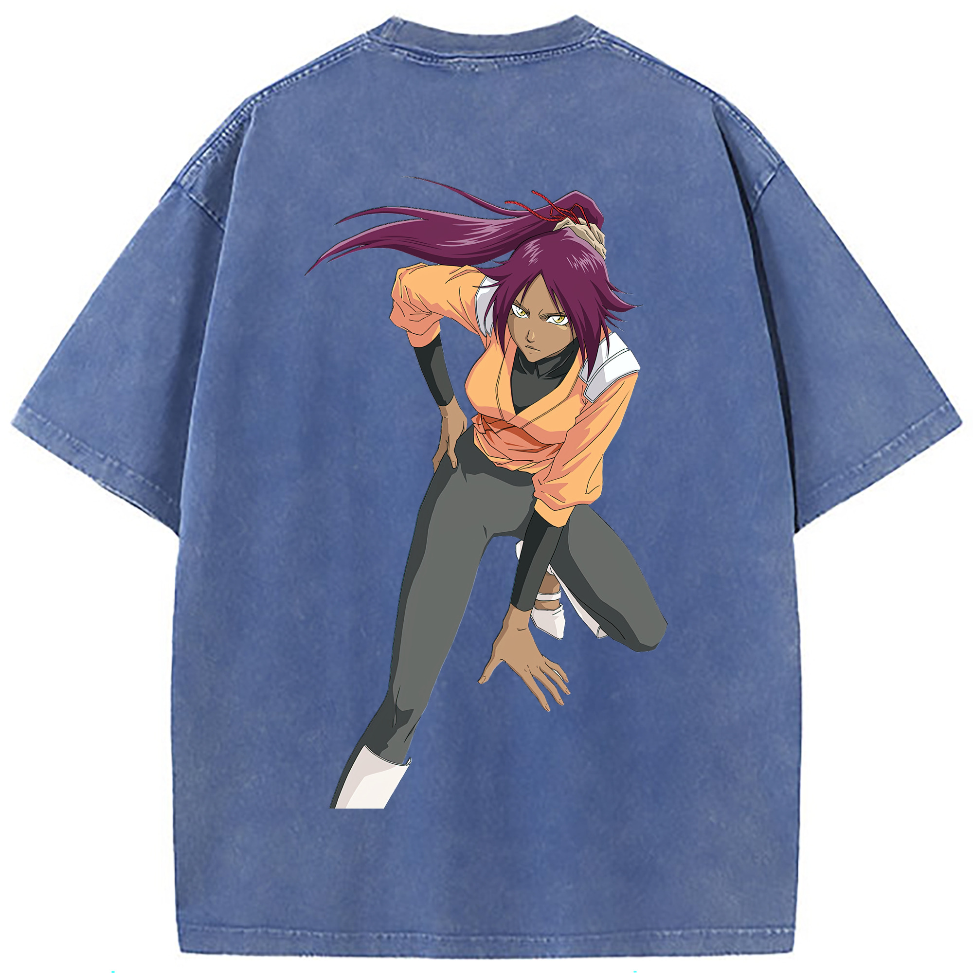 （画像用） ブリーチ 四楓院 夜一（しほういん よるいち） BLEACH Shihouin Yoruichi 綿100% ヴィンテージ風 半袖Tシャツ（背面プリント）