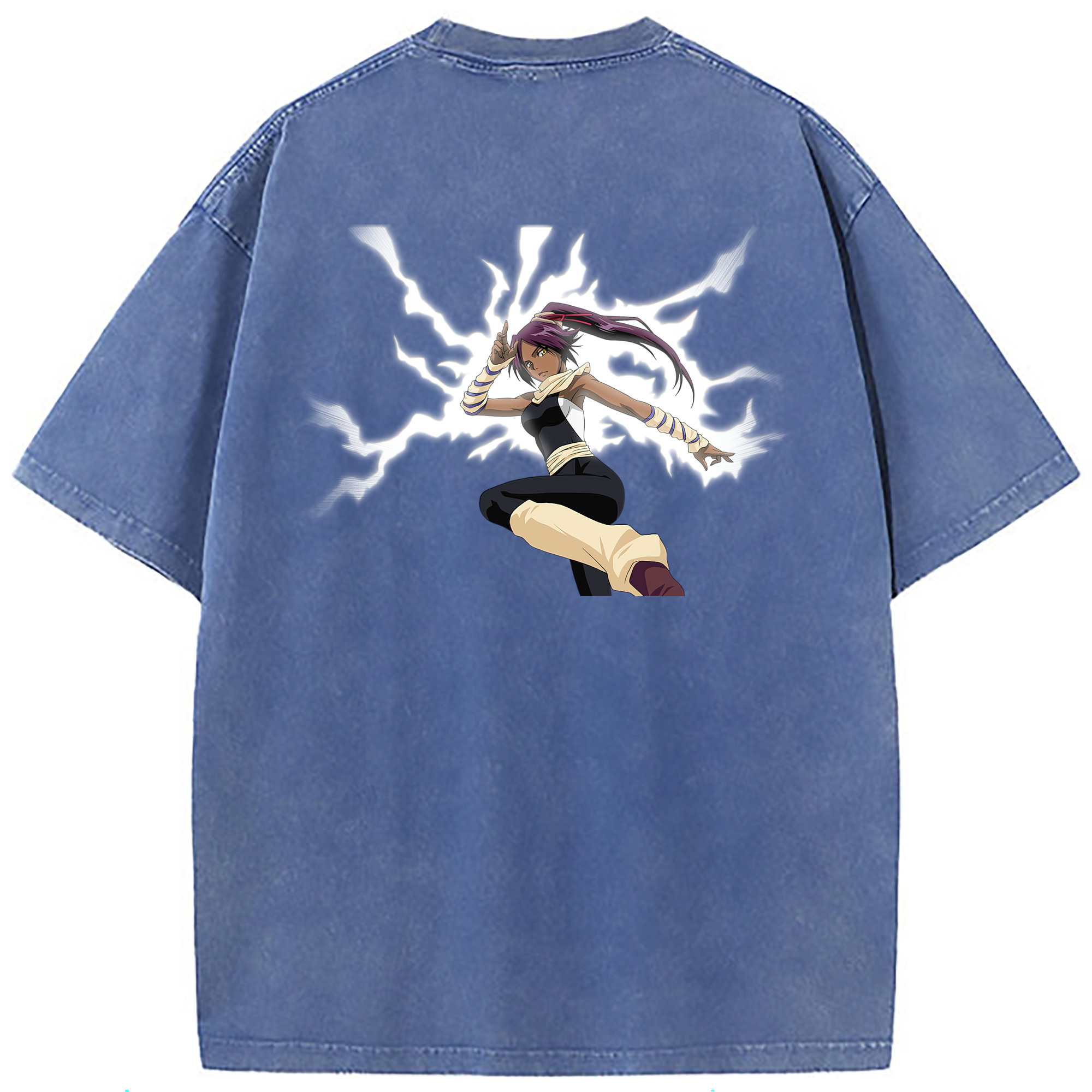 （画像用） ブリーチ 四楓院 夜一（しほういん よるいち） BLEACH Shihouin Yoruichi 綿100% ヴィンテージ風 半袖Tシャツ（背面プリント）