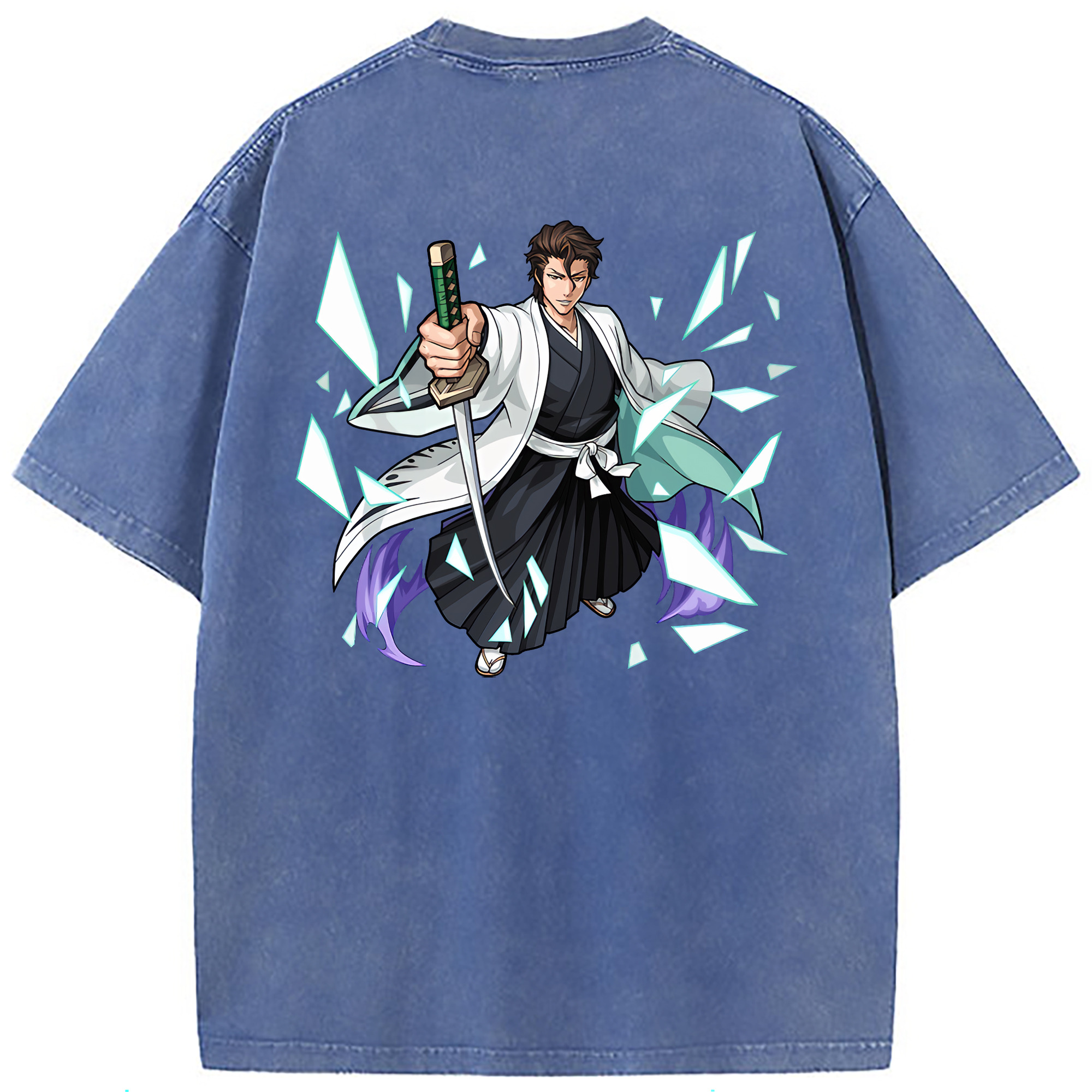 （画像用） ブリーチ 藍染 惣右介（あいぜん そうすけ） BLEACH Aizen Sousuke 綿100% ヴィンテージ風 半袖Tシャツ（背面プリント）