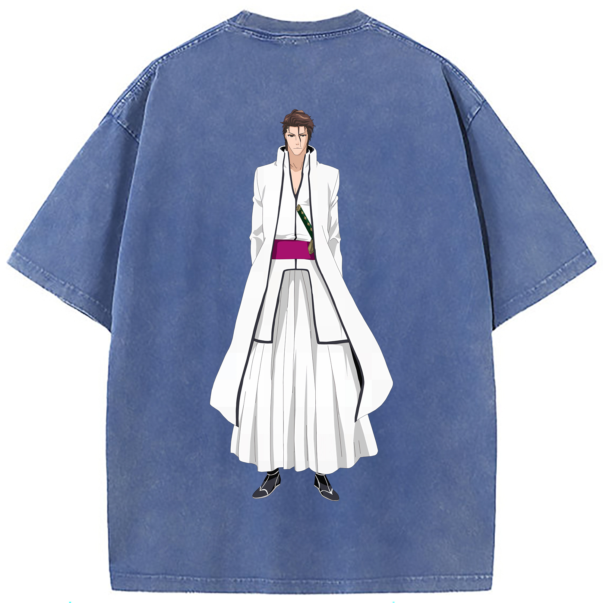 （画像用） ブリーチ 藍染 惣右介（あいぜん そうすけ） BLEACH Aizen Sousuke 綿100% ヴィンテージ風 半袖Tシャツ（背面プリント）