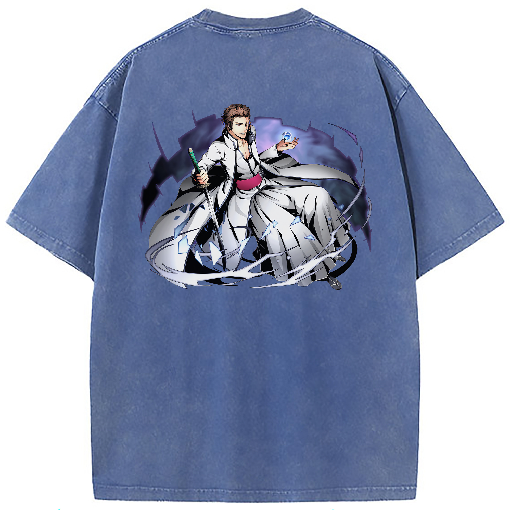 （画像用） ブリーチ 藍染 惣右介（あいぜん そうすけ） BLEACH Aizen Sousuke 綿100% ヴィンテージ風 半袖Tシャツ（背面プリント）