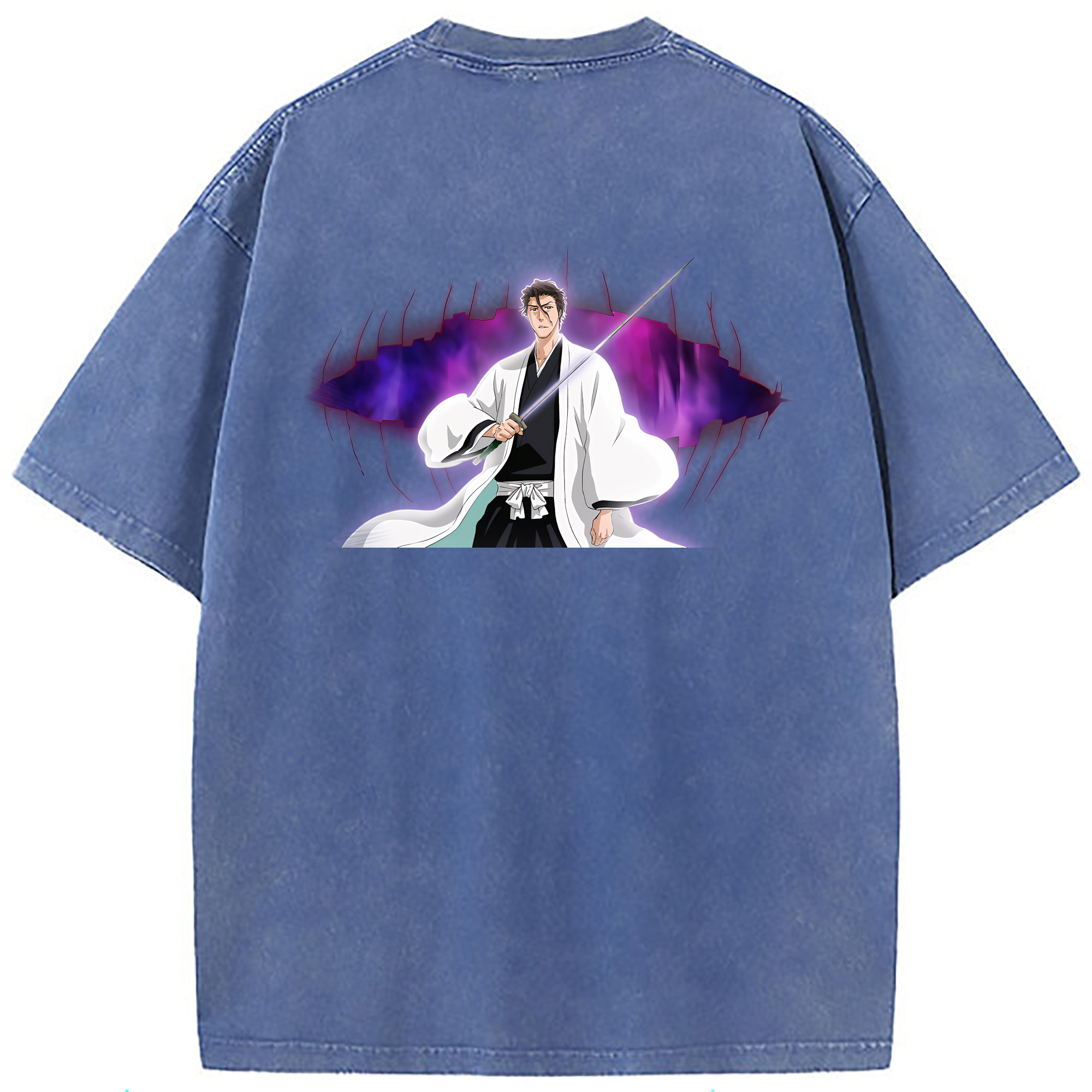 （画像用） ブリーチ 藍染 惣右介（あいぜん そうすけ） BLEACH Aizen Sousuke 綿100% ヴィンテージ風 半袖Tシャツ（背面プリント）