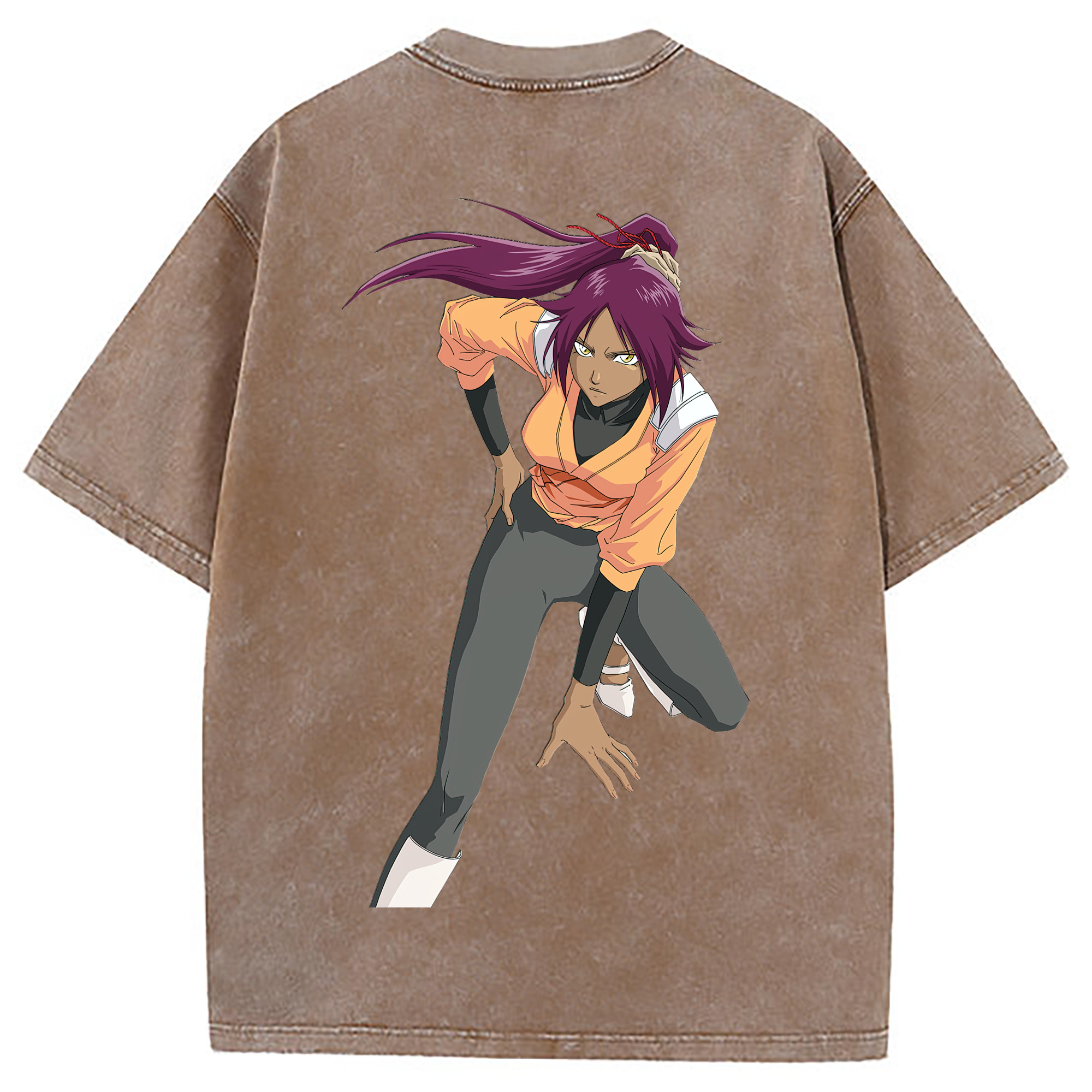 （画像用） ブリーチ 四楓院 夜一（しほういん よるいち） BLEACH Shihouin Yoruichi 綿100% ヴィンテージ風 半袖Tシャツ（背面プリント）